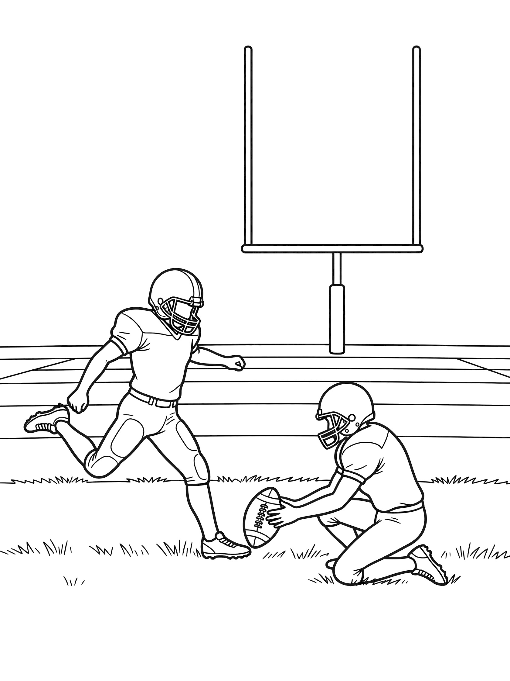 Line art coloring page showing a kicker in uniform swinging his leg back to kick a football held by a kneeling teammate, with goal posts in the background.