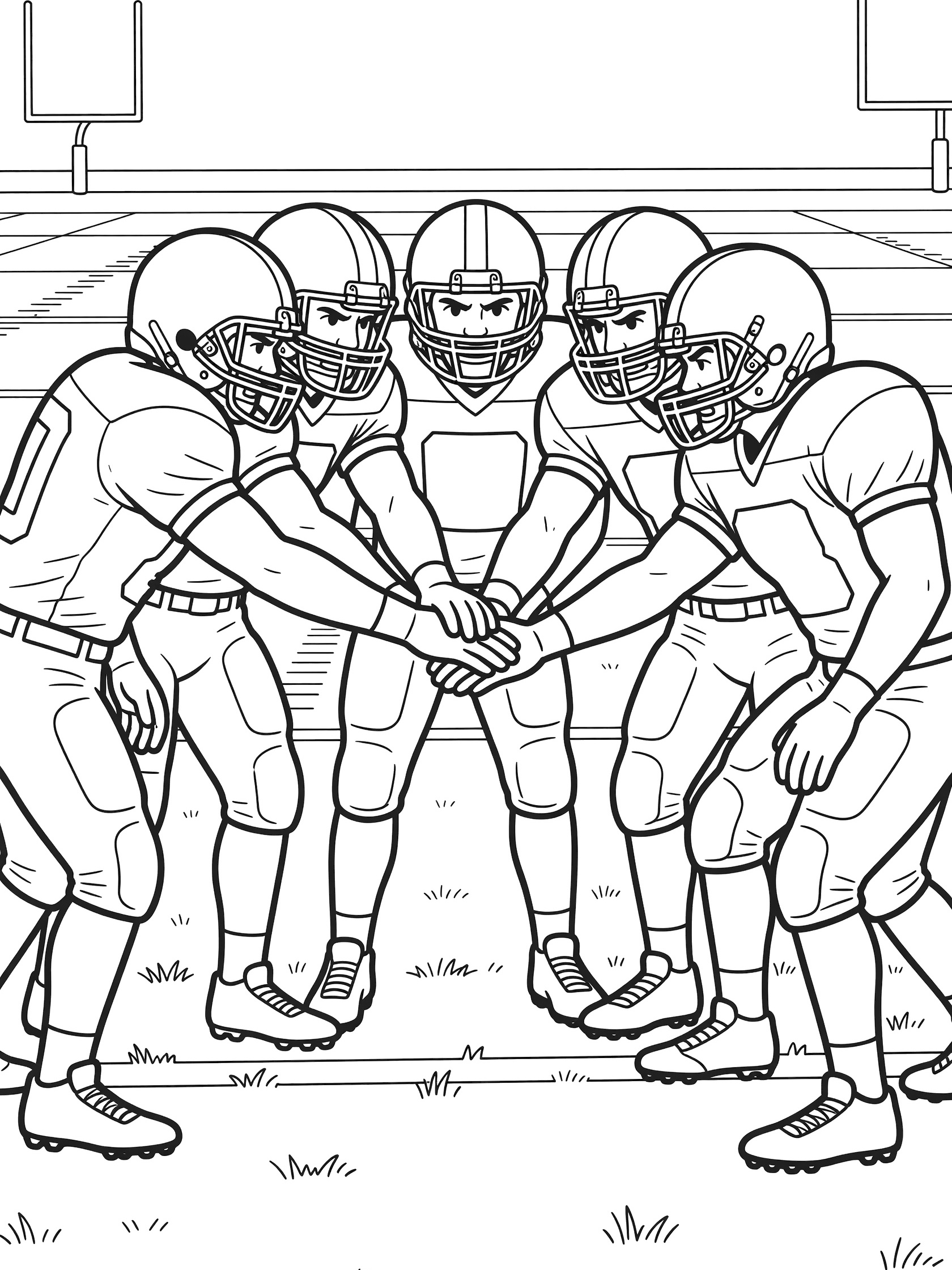 Black and white line art coloring page showing five football offensive linemen huddled together with hands stacked, wearing helmets and pads on a grassy field with goalposts.