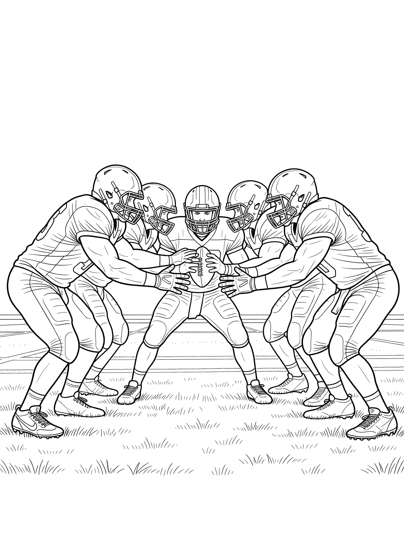 Black-and-white line art coloring page showing offensive line players protecting the quarterback with the ball on a football field