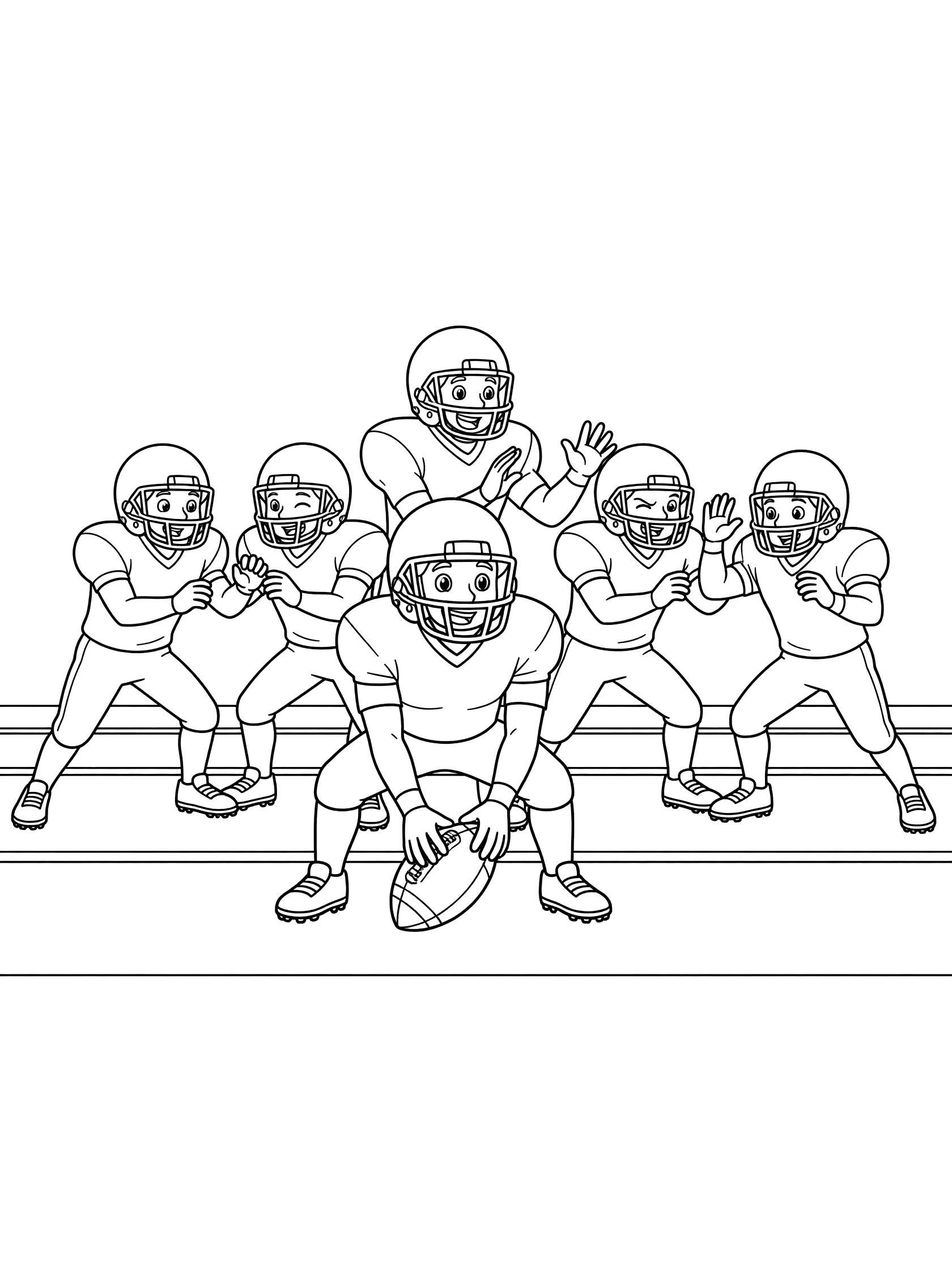Black and white line art of football offensive line with center hiking the ball, players in helmets and pads blocking forward on a practice field.