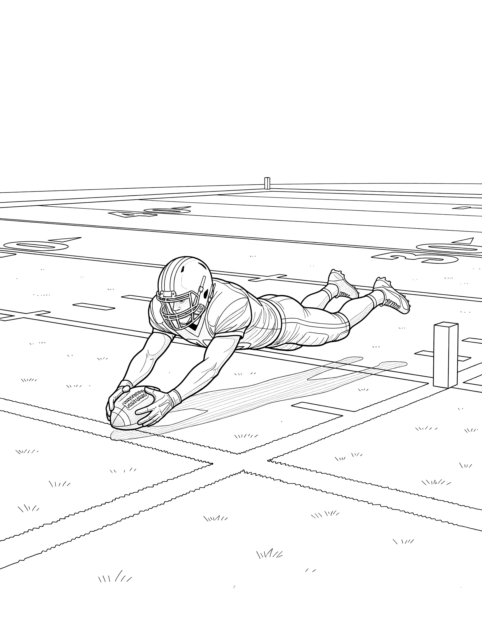Black and white line art of a determined football player in helmet and uniform diving across the goal line with the ball extended, endzone pylons and yard lines visible.