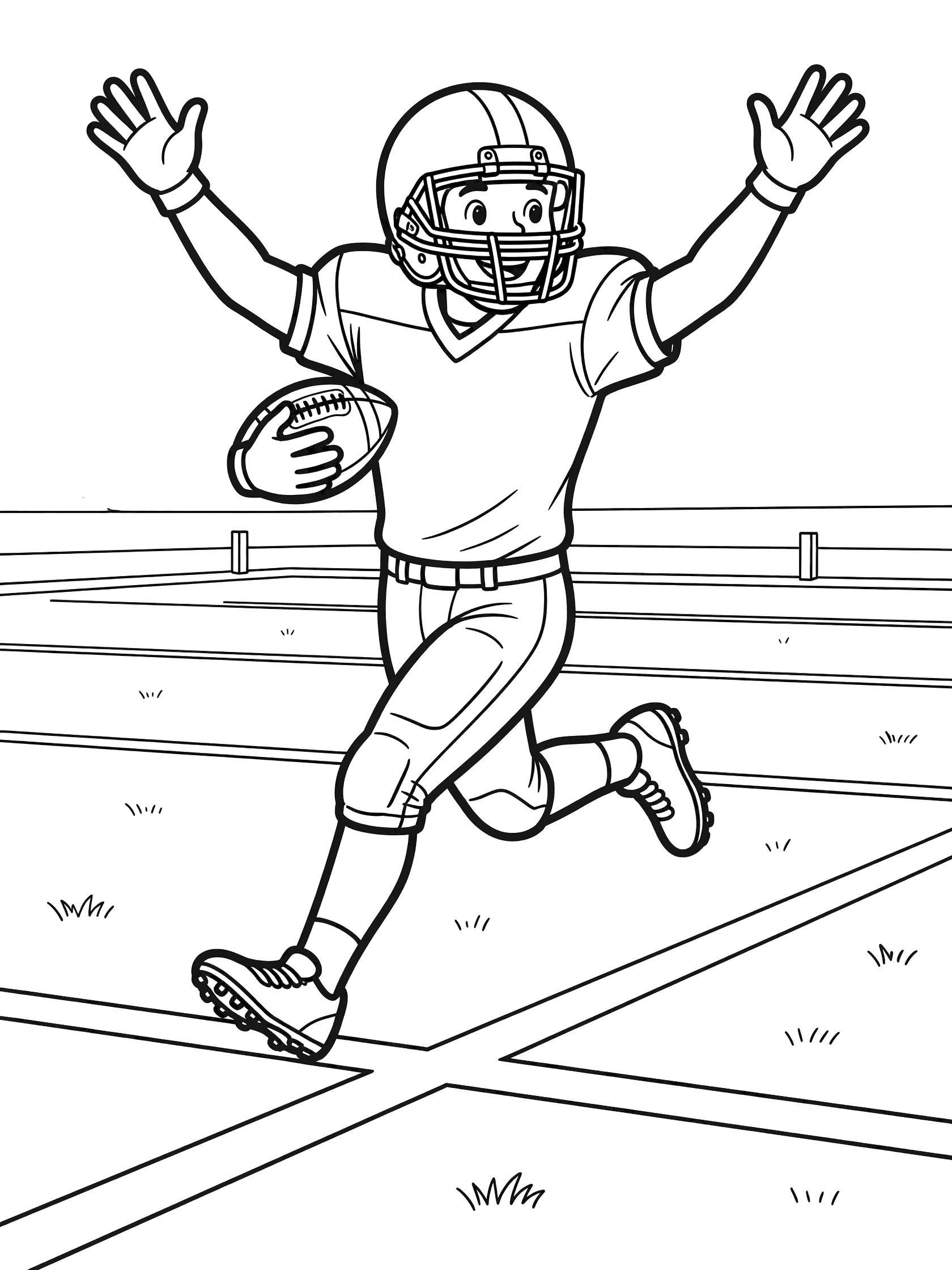 Line art coloring page showing a running back football player in uniform scoring a touchdown, clutching the ball triumphantly near endzone pylons on a field.