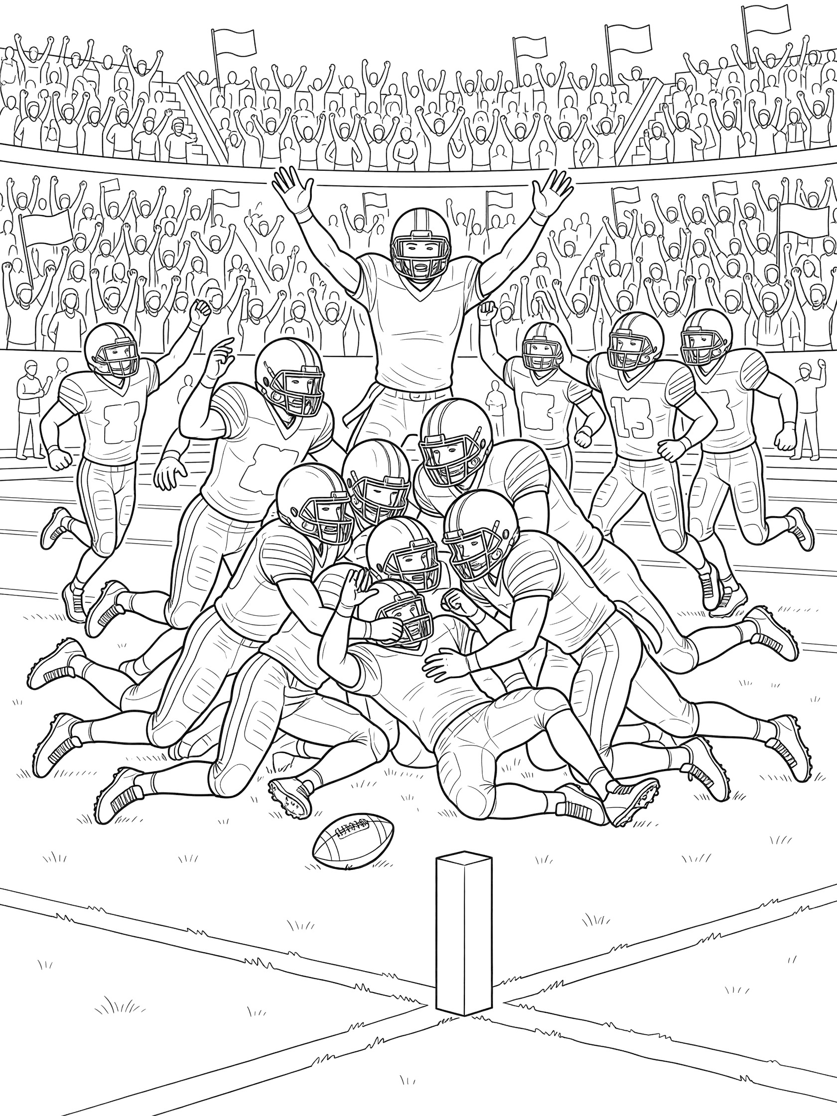Detailed line drawing of football team celebrating successful Hail Mary touchdown catch with players stacking up, football on ground by pylon, and cheering crowd waving flags.