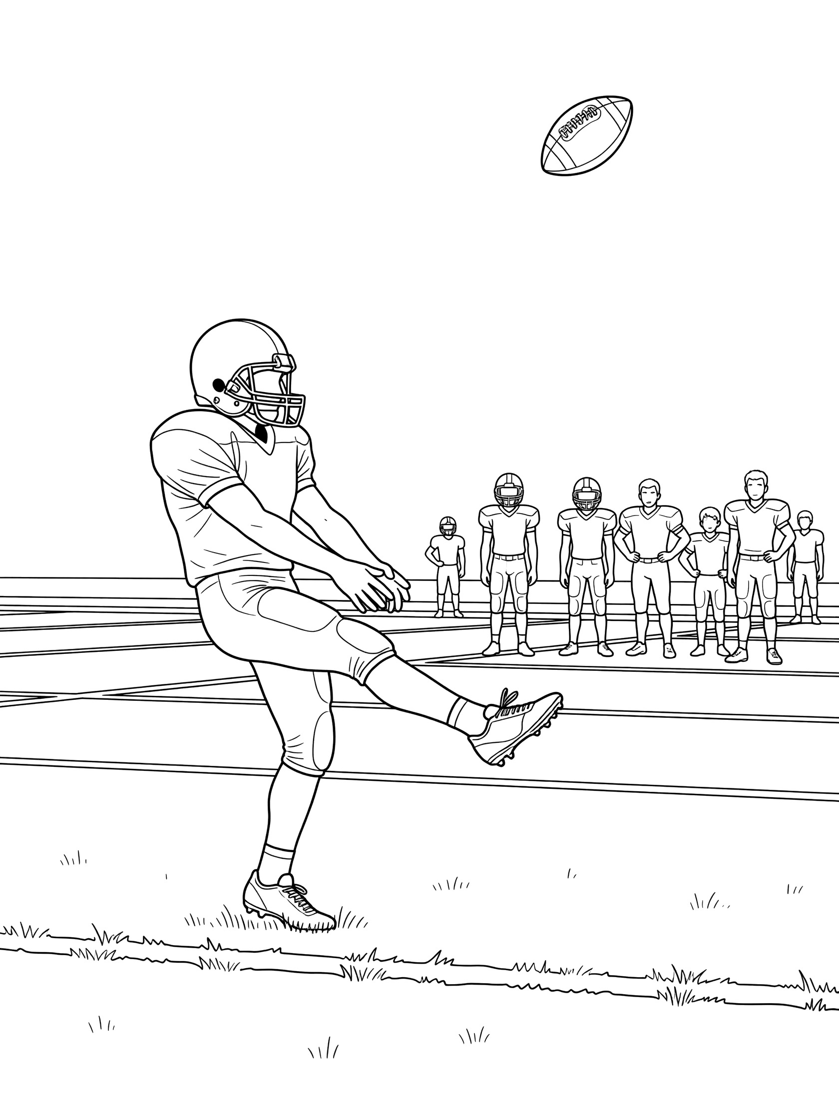 Line art coloring page showing a punter in uniform kicking a football high into the air on a grassy field with yard lines and watching teammates on the sideline.