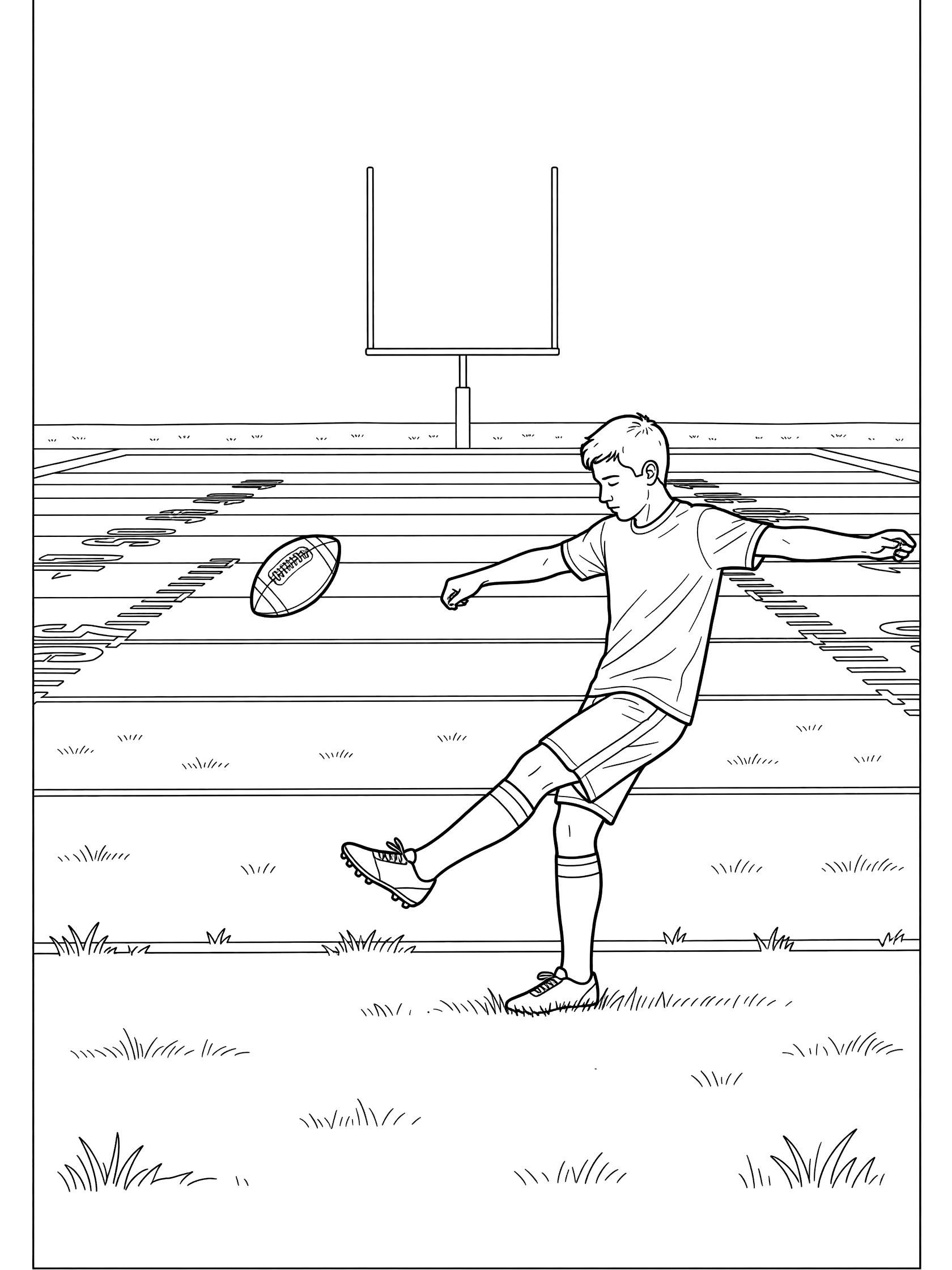 Black-and-white coloring page showing a punter in mid-kick as the football spirals downfield past yard markers toward stadium goalposts on green field.