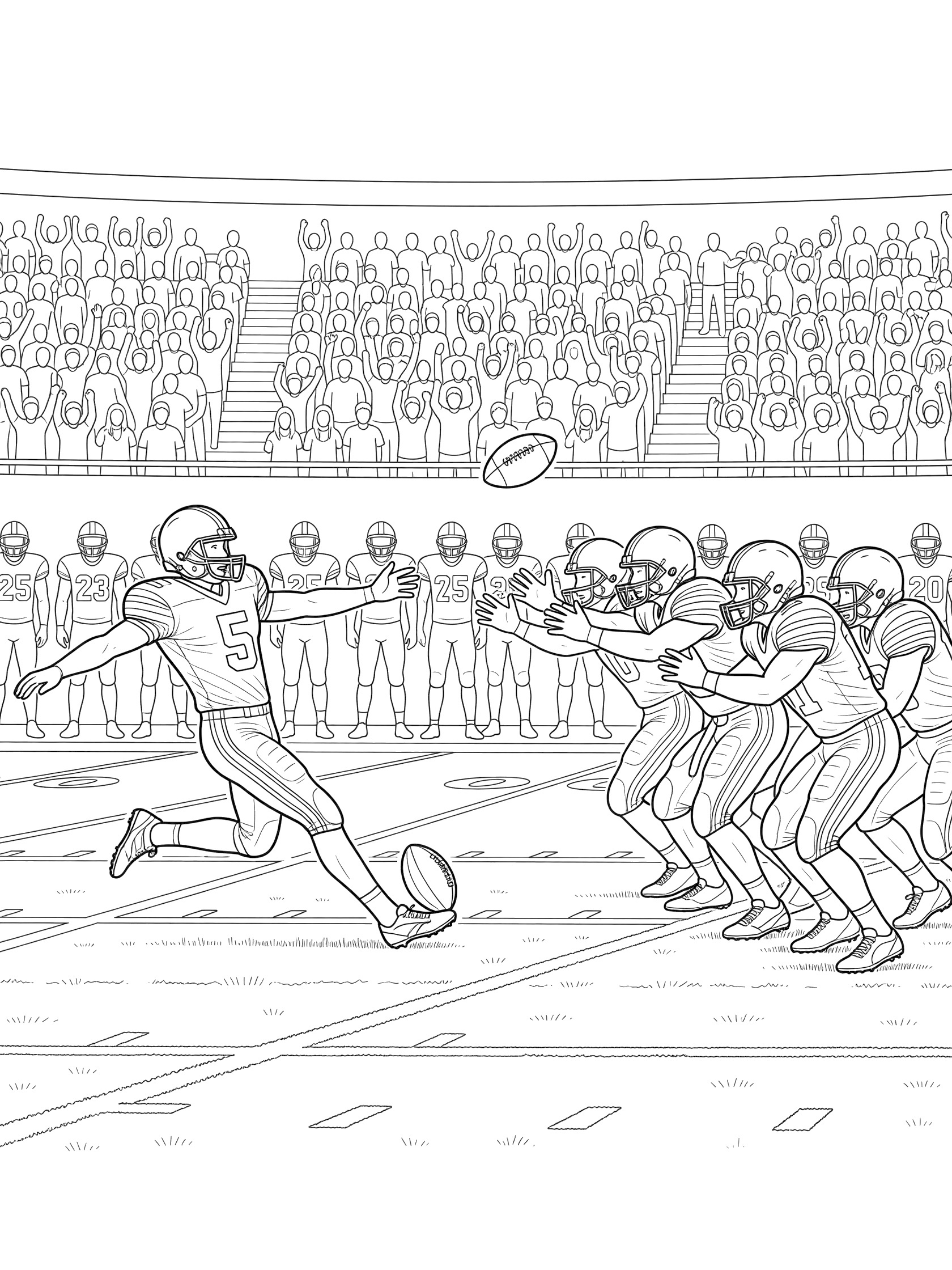 Punter in football uniform punting the soaring ball over blockers and defenders on a detailed football field coloring page.