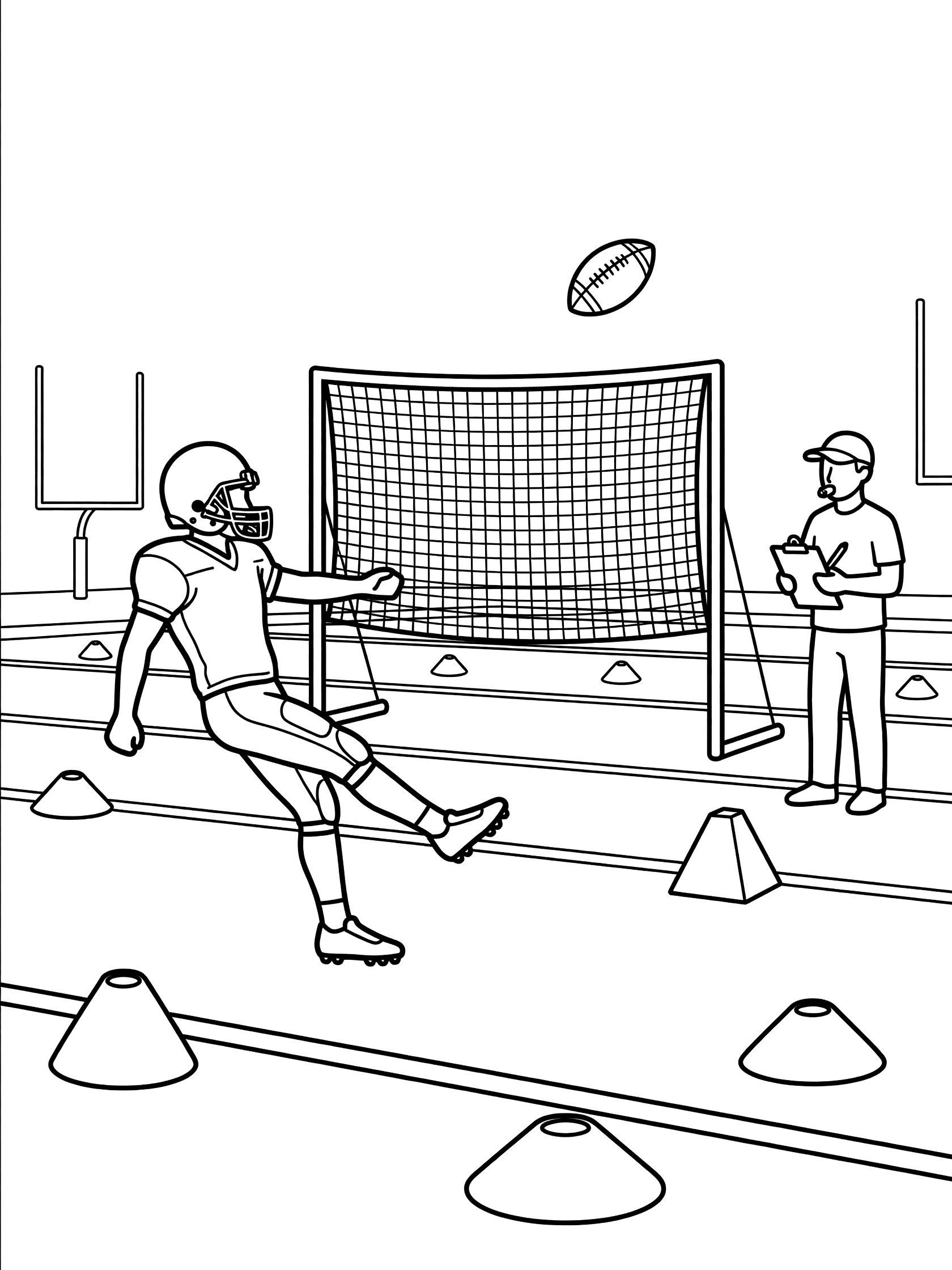 Punter in football uniform swinging leg to punt football high over practice net on field with cones and coach watching