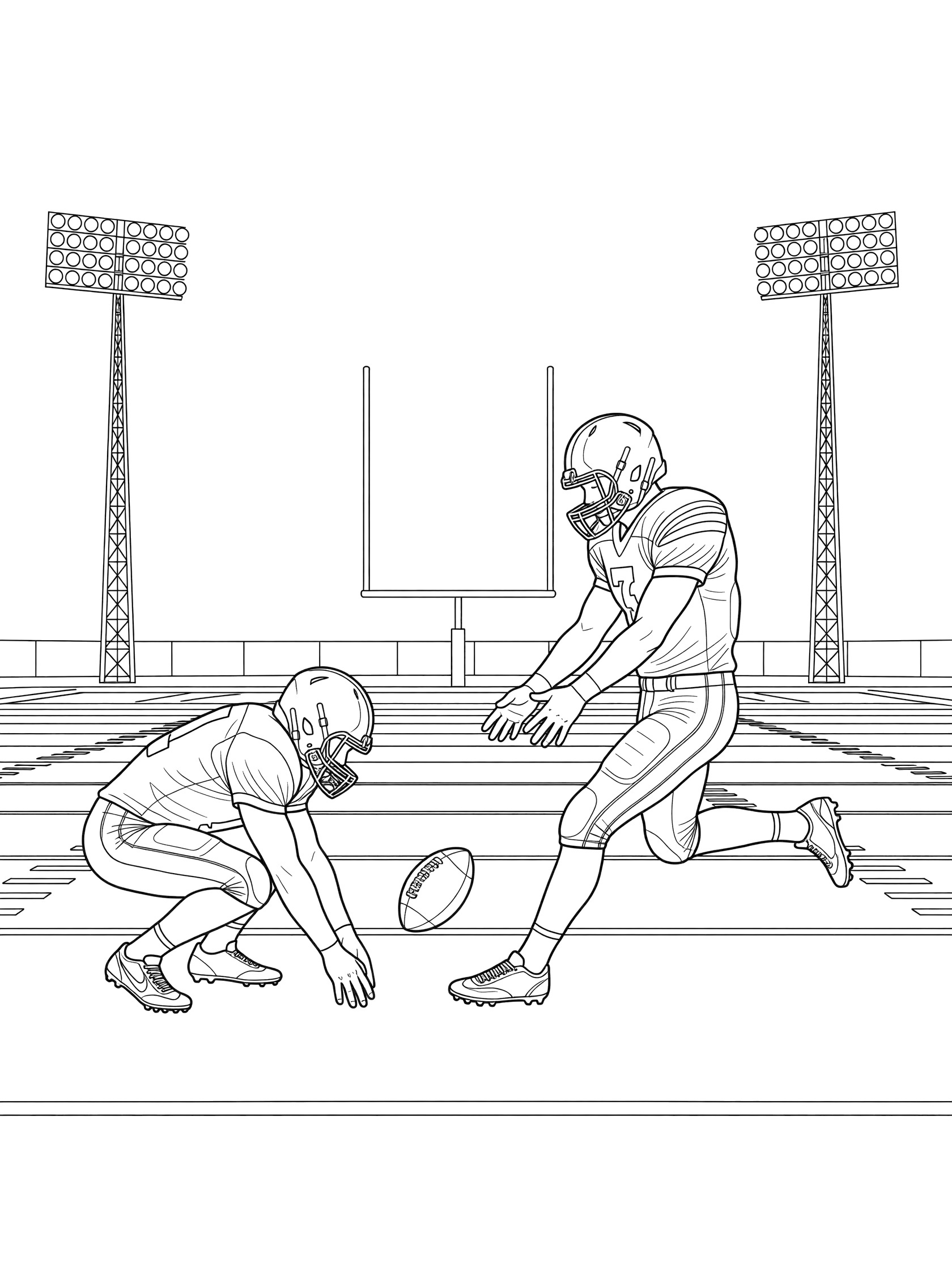 Line drawing of a punter in football uniform holding a snapped football ready to punt, with center snapping the ball, stadium lights and goalposts visible.