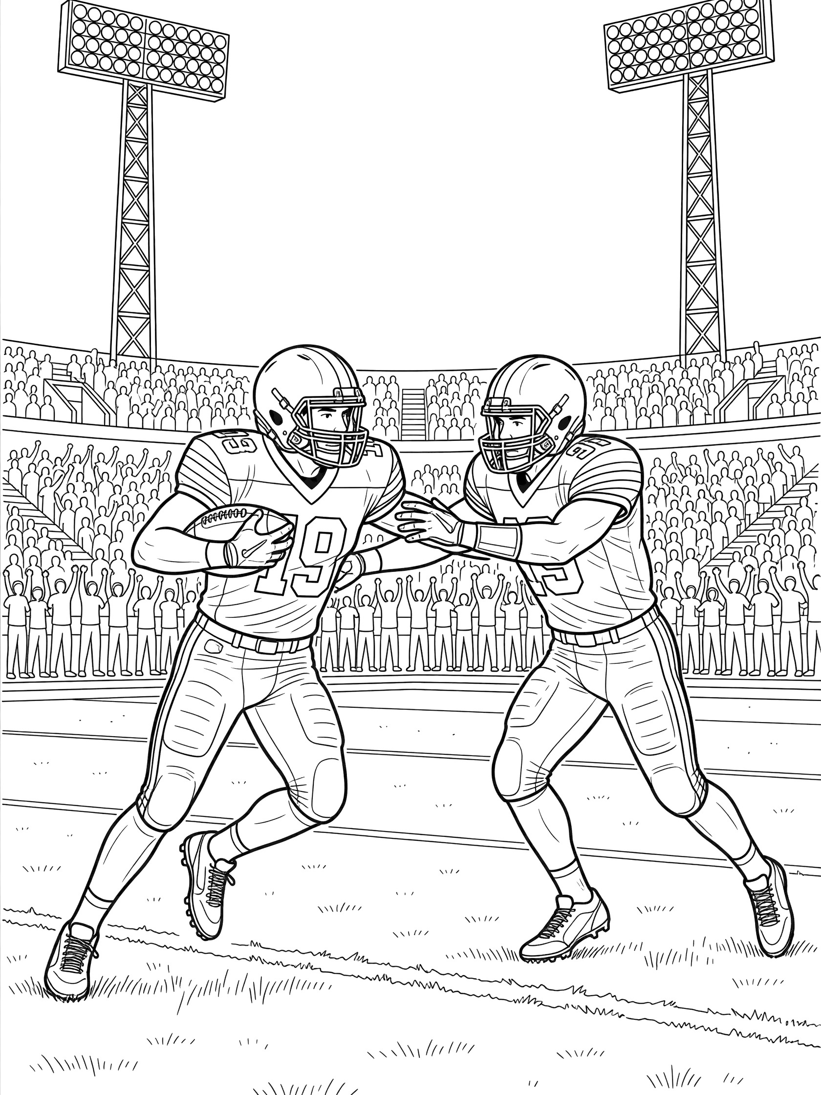 Black and white coloring page of a football receiver in orange jersey number 19 juking left and right to evade a tackling defender, holding the ball on turf with stadium lights and crowd silhouettes.
