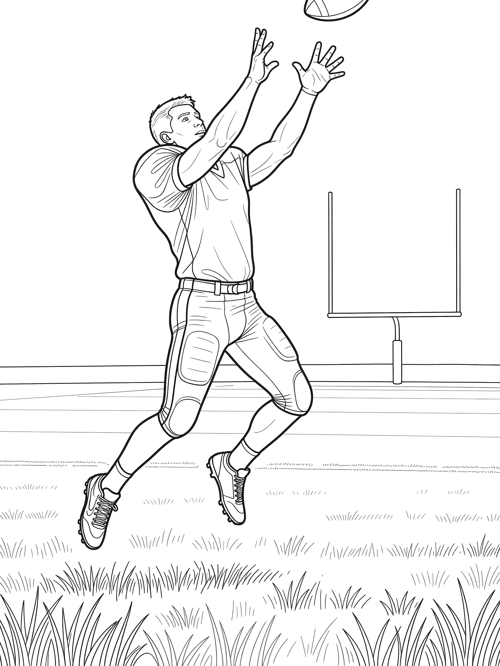 Black and white line art of a receiver in football uniform leaping into the air to catch a flying football, with goalposts and grassy field in the background.