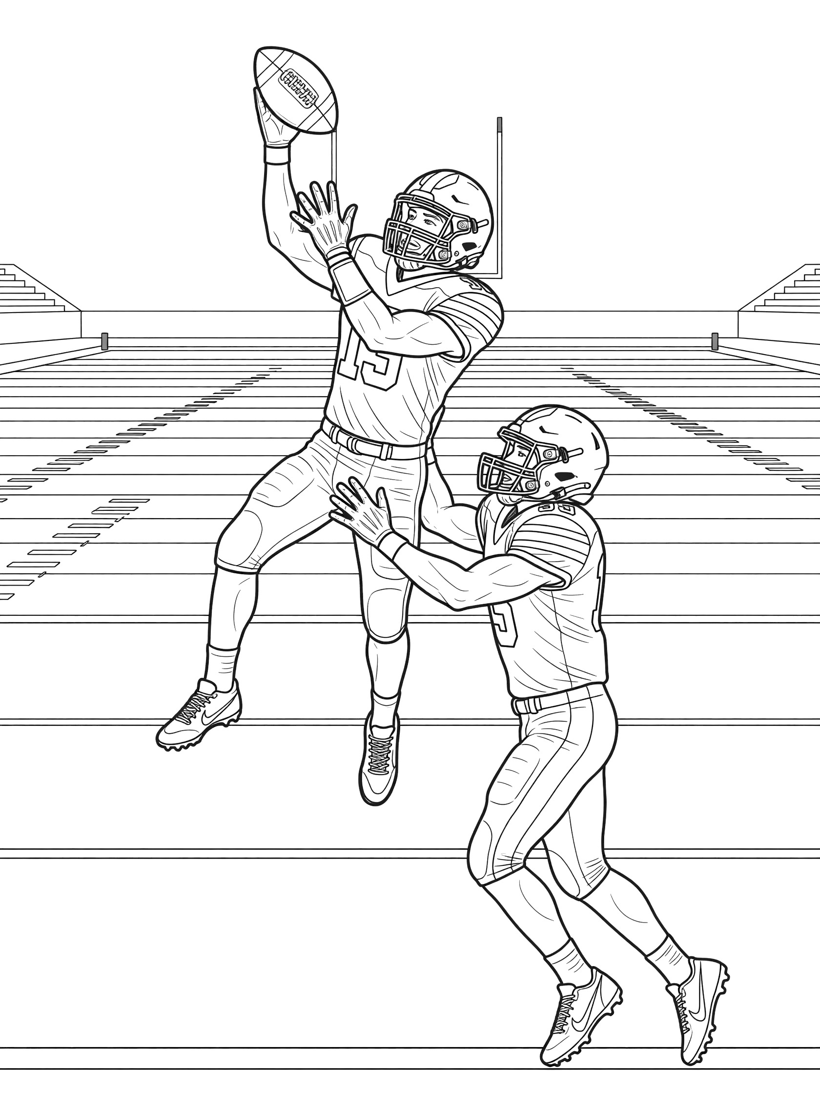 Black and white coloring page showing a football receiver in mid-air catching a touchdown pass over a defender on the stadium field with yard lines.