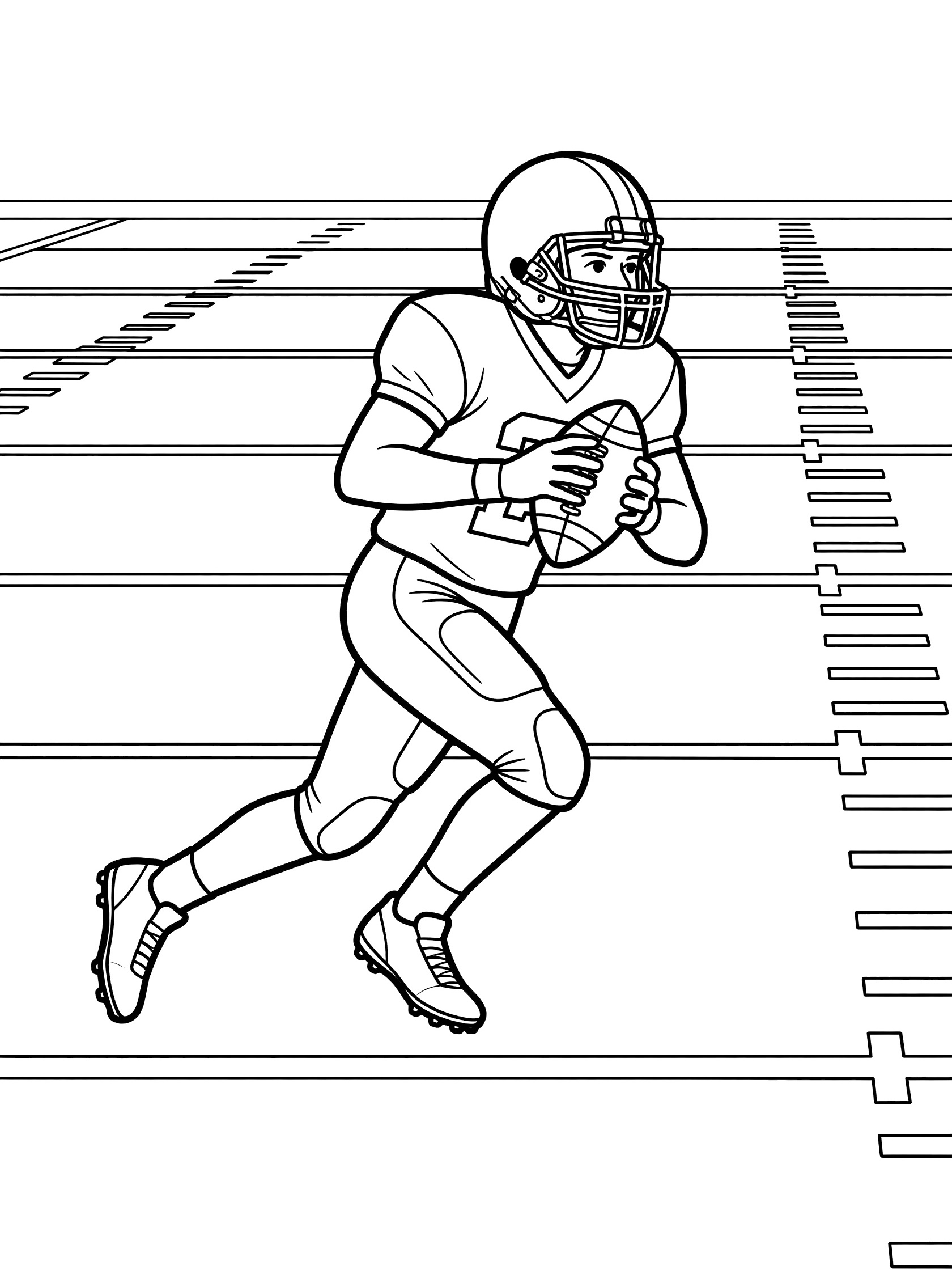 Black and white coloring page showing a football receiver in helmet and pads sprinting with a football clutched to his chest on a field with yard lines.