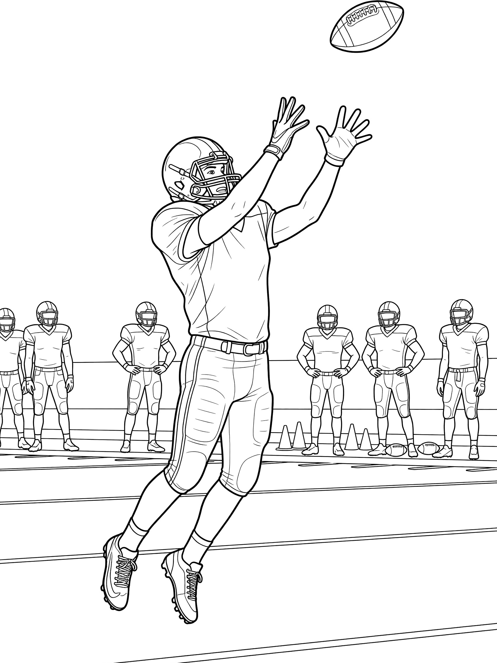Black-and-white coloring page showing a receiver in football gear stretching high to catch an arcing football pass, with teammates on the sideline and cones on the field.