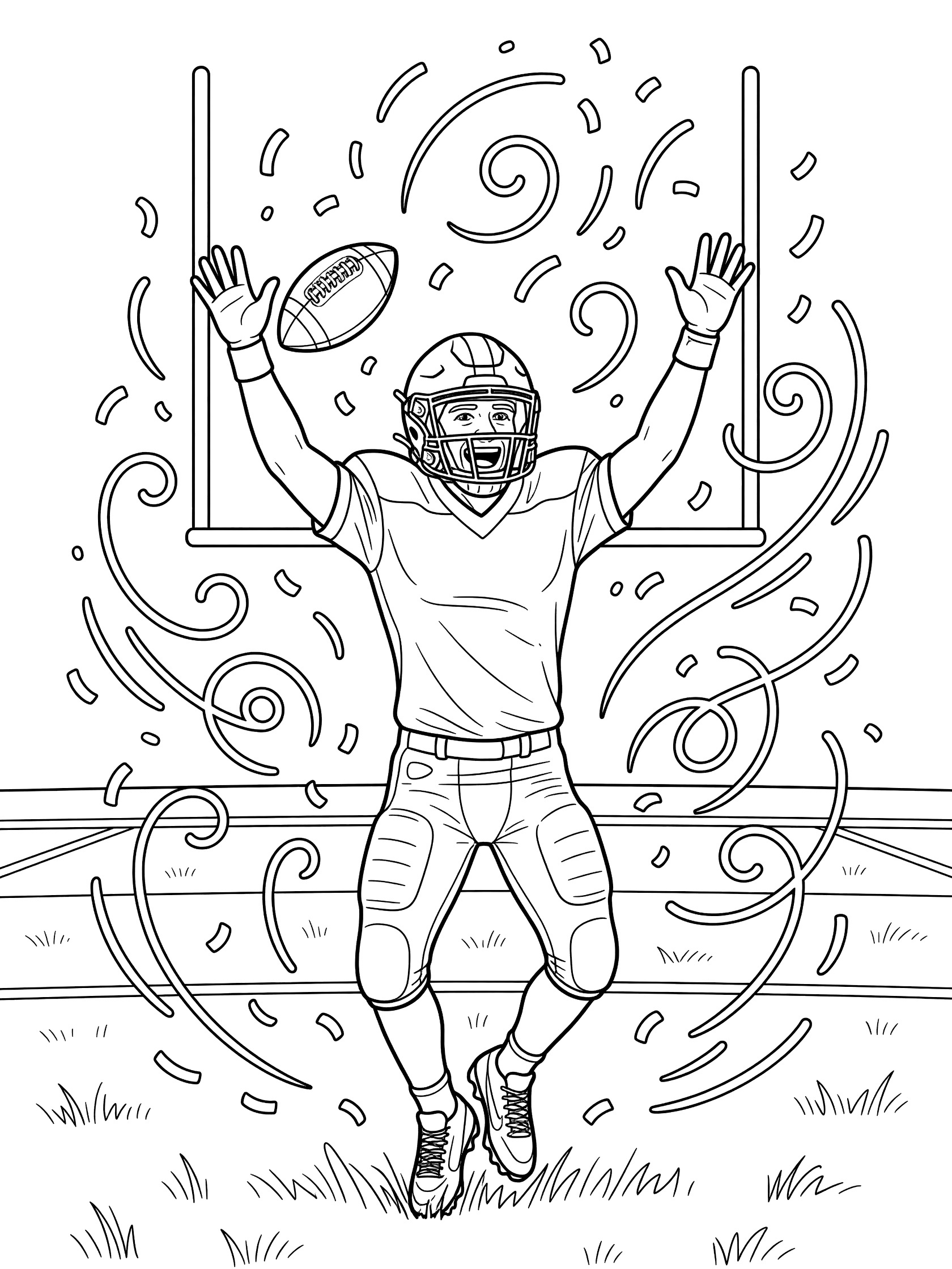 Black and white coloring page of a joyful football receiver doing a touchdown dance with arms up, holding football, surrounded by swirls near goalposts on grassy field.