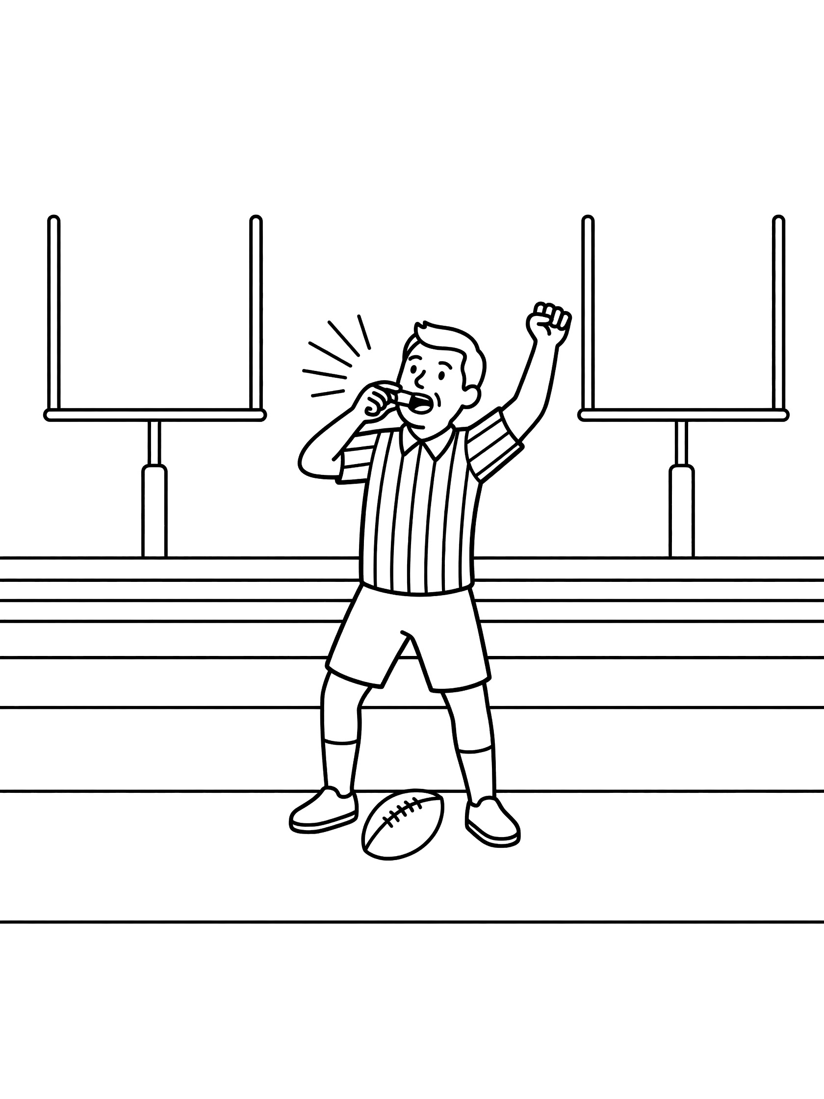 Referee enthusiastically blowing whistle on football field with kickoff ball and goalposts, clean line art coloring page