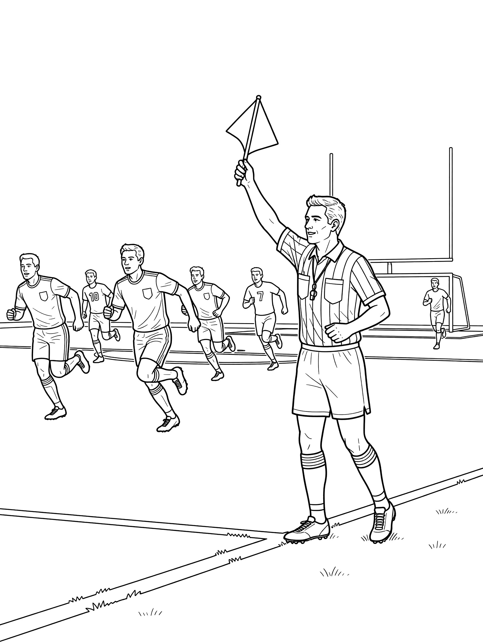 Referee on football sidelines holding up flag to call offside, players running toward goal, clean line art coloring page