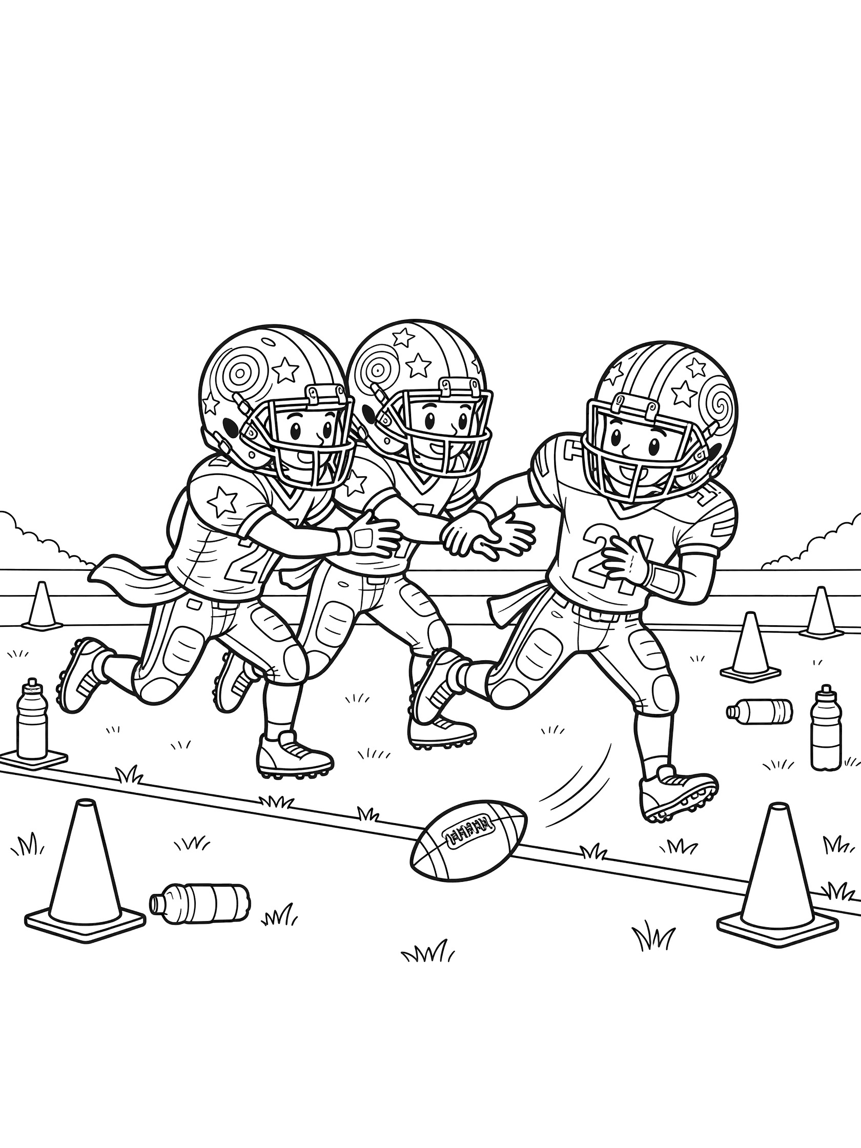 Black and white line art of football sack play: two defenders in helmets tackling quarterback by sideline on field with cones and water bottles, football flying loose.
