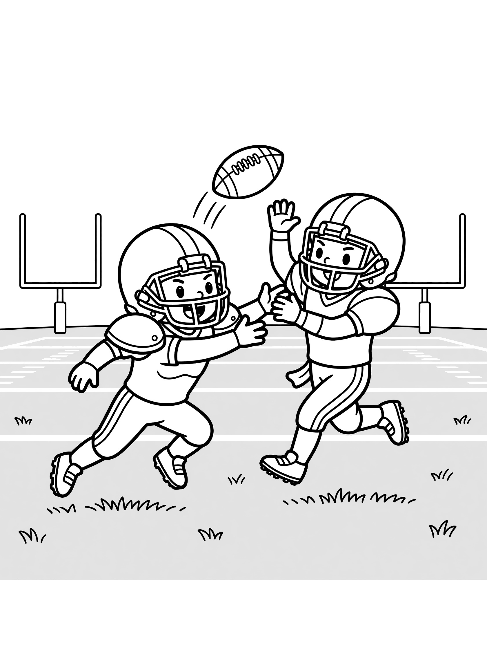 Cute cartoon coloring page showing a defender leaping to sack the quarterback dropping back to pass. Football falls from hands on grass field with yard lines and goalposts.