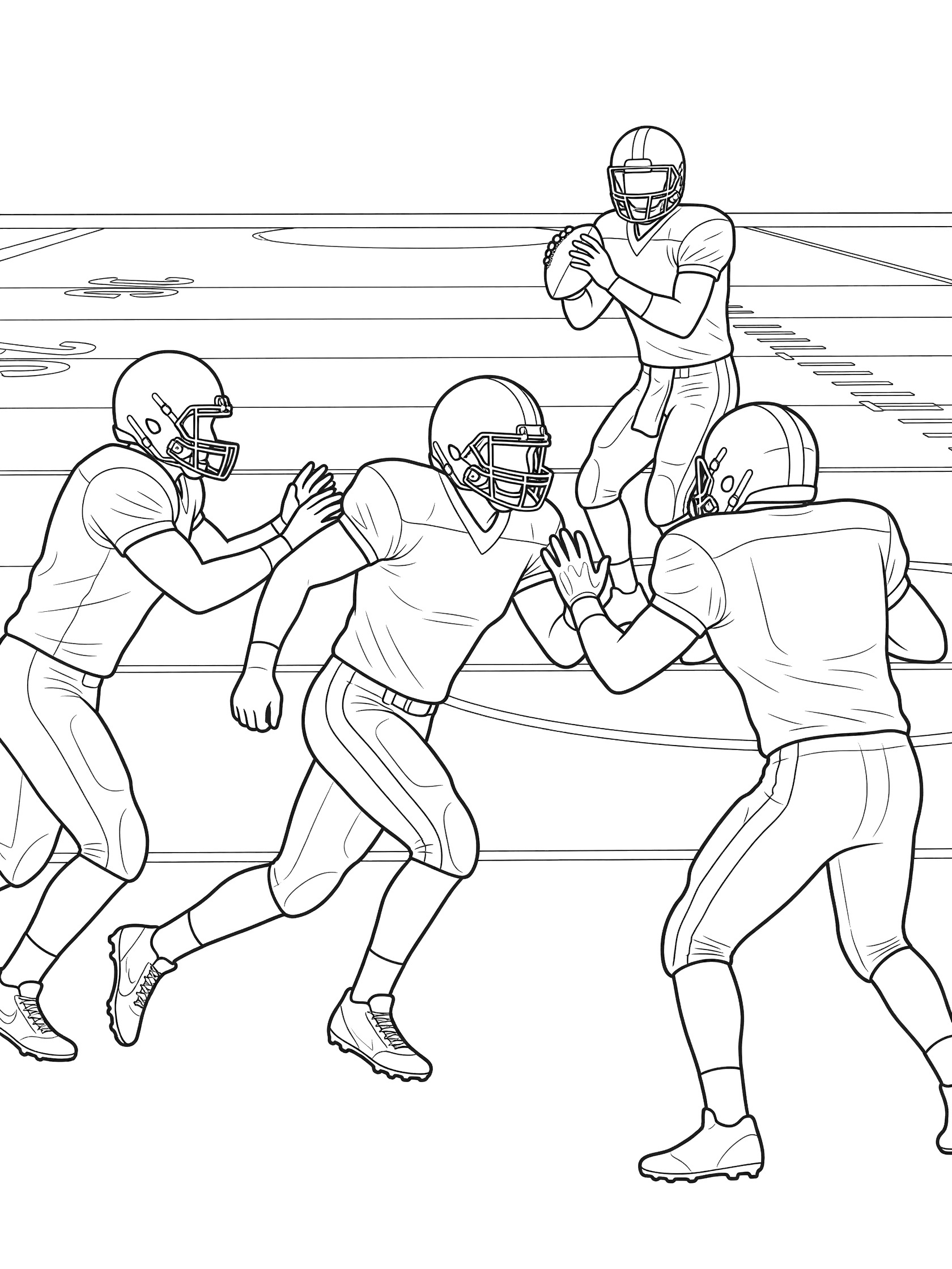 Black and white coloring page showing a football safety blitz with defender rushing up the middle past offensive linemen toward the quarterback dropping back to pass on the field.