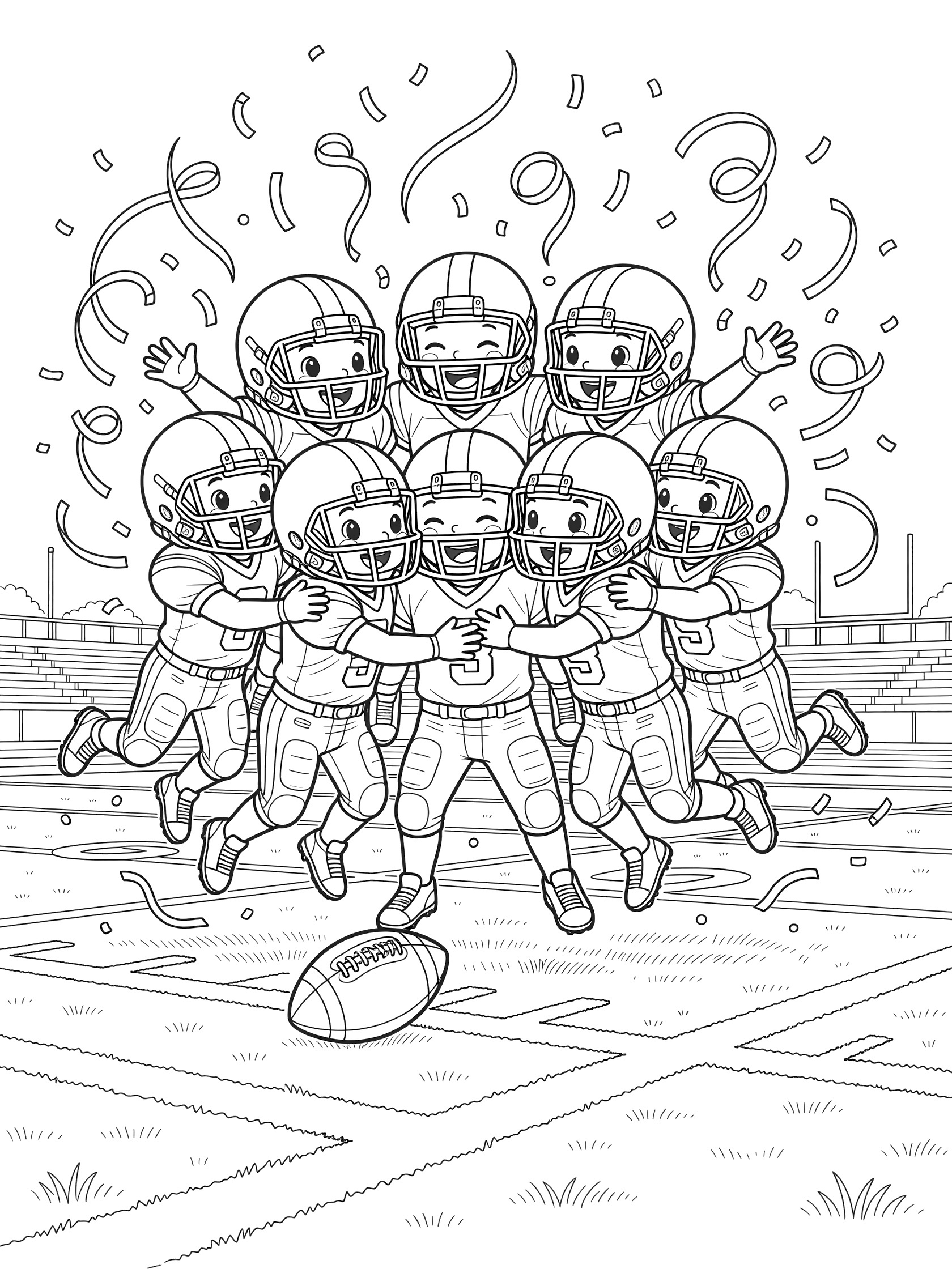Black and white line art of cute football players in uniforms celebrating a touchdown victory by jumping and hugging, with the ball near the endzone, field details, bleachers, and confetti lines.