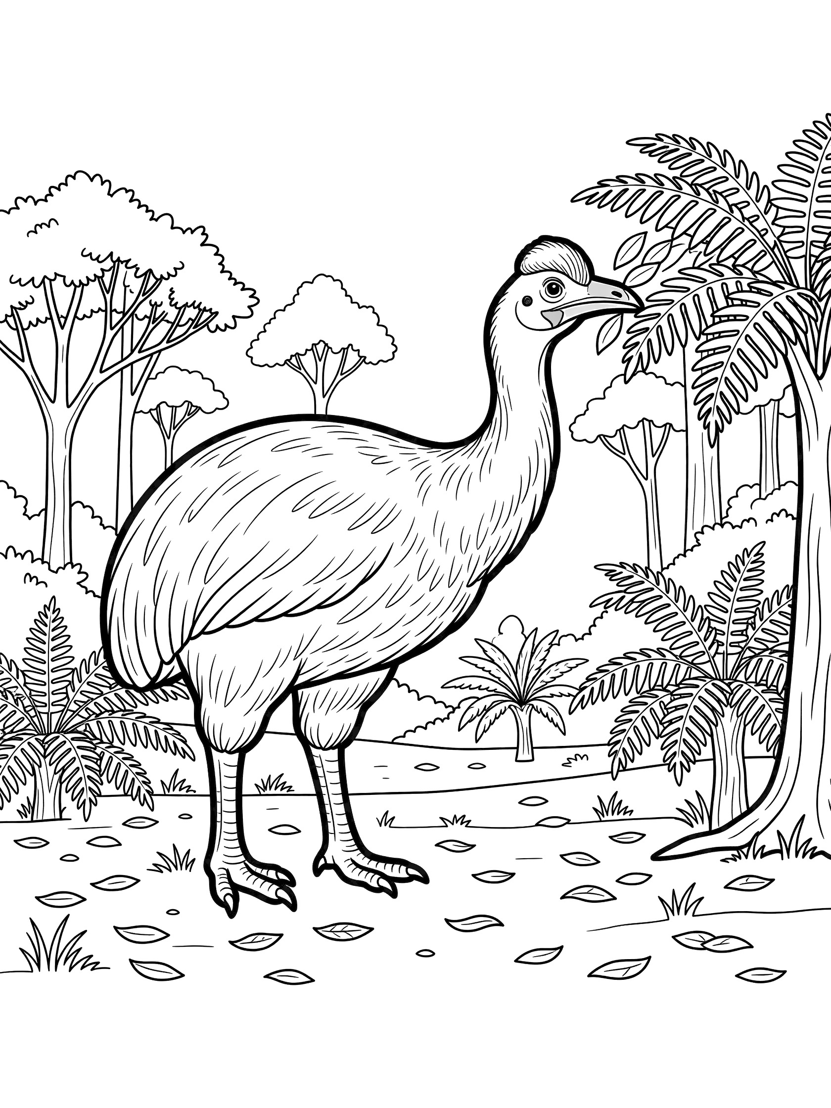 Black and white line art of a large moa bird stretching its neck to eat leaves from bushy ferns and trees in a native forest with scattered leaves on the ground.