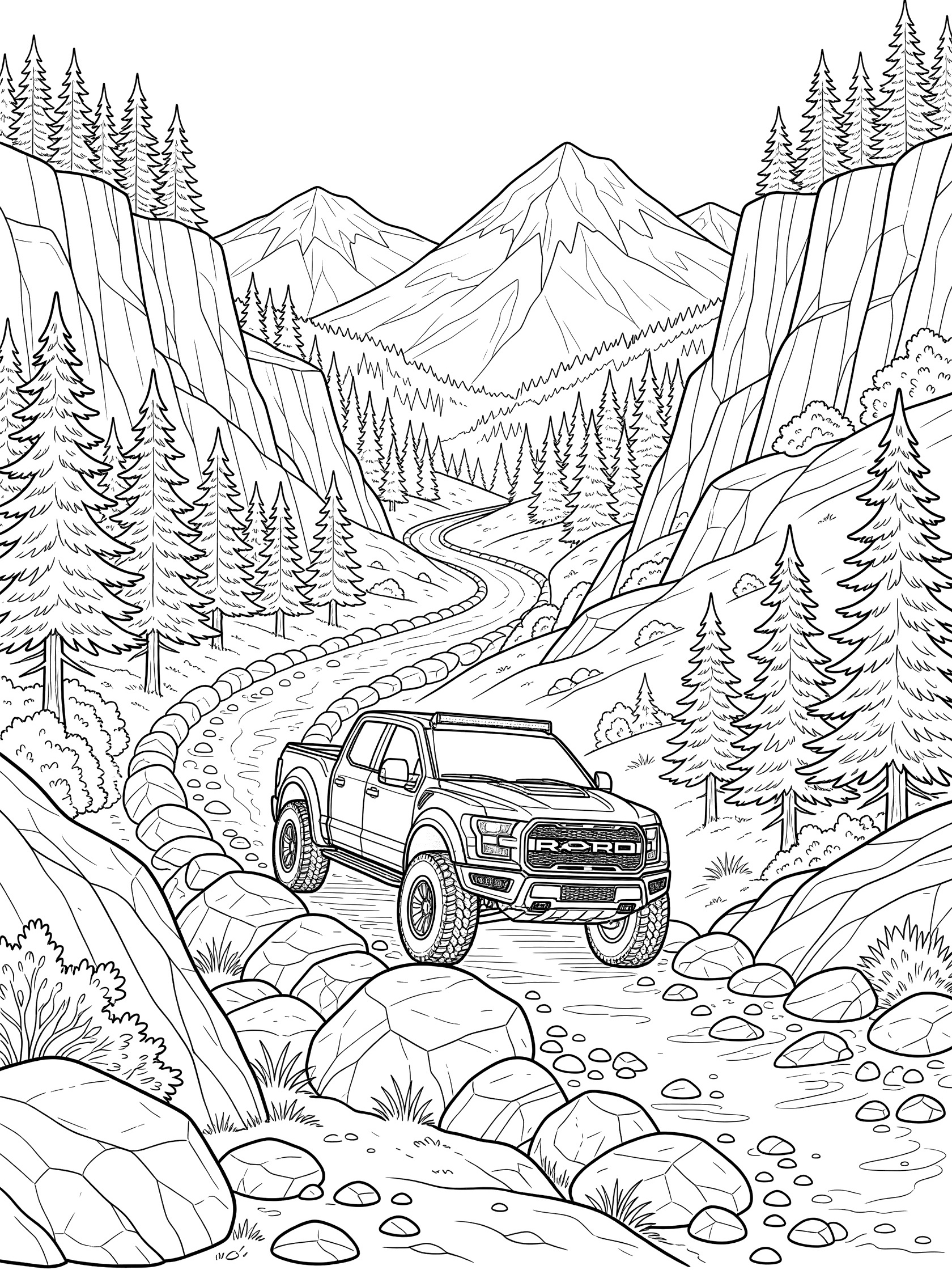 Black-and-white coloring page of a Ford Raptor truck driving up a winding rocky path in the Rocky Mountains with pine trees, cliffs, and snow-capped peaks.