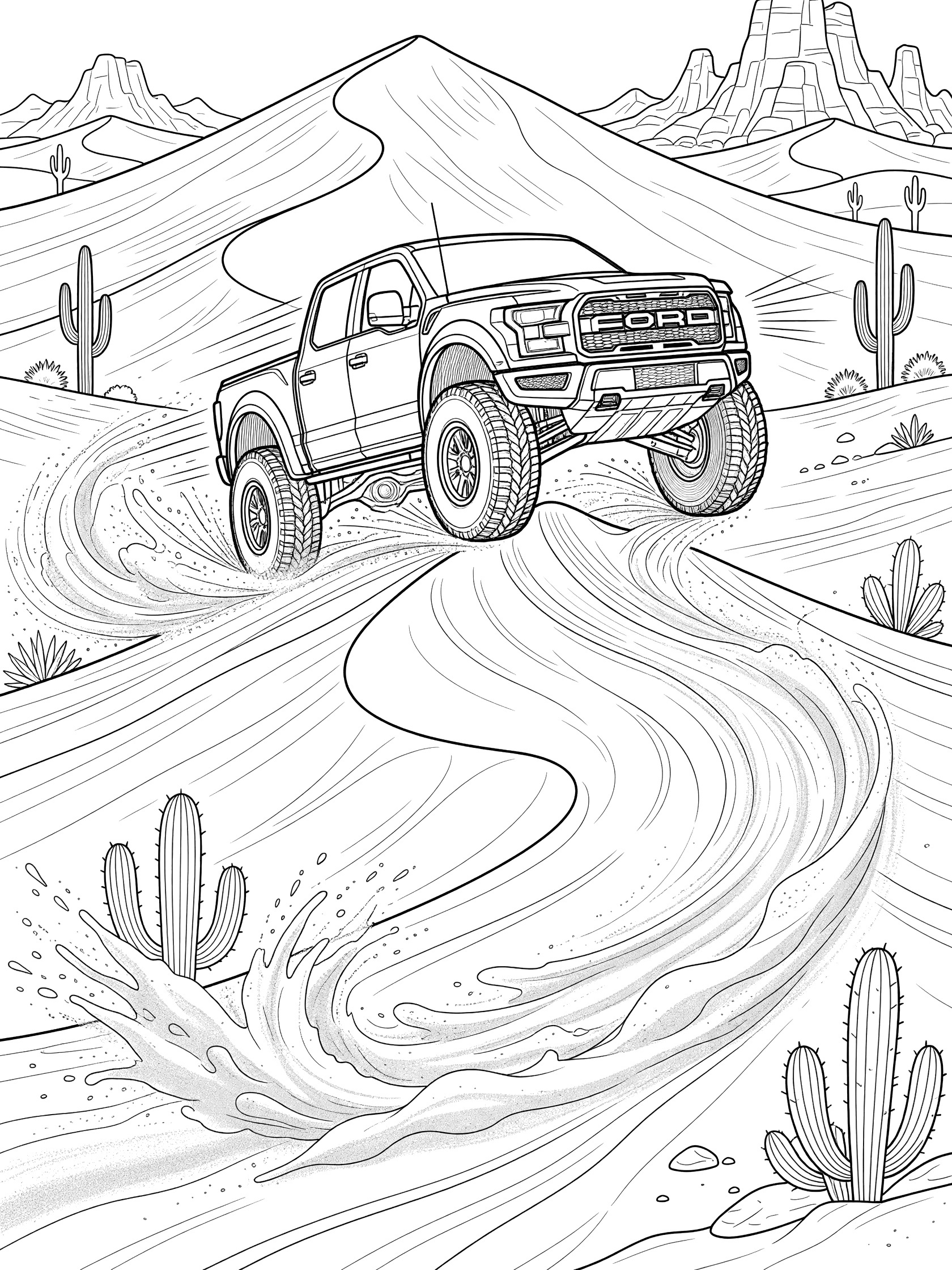 Black and white line art of a Ford Raptor truck jumping high over a desert dune with swirling sand, cacti, and mountains in the background.