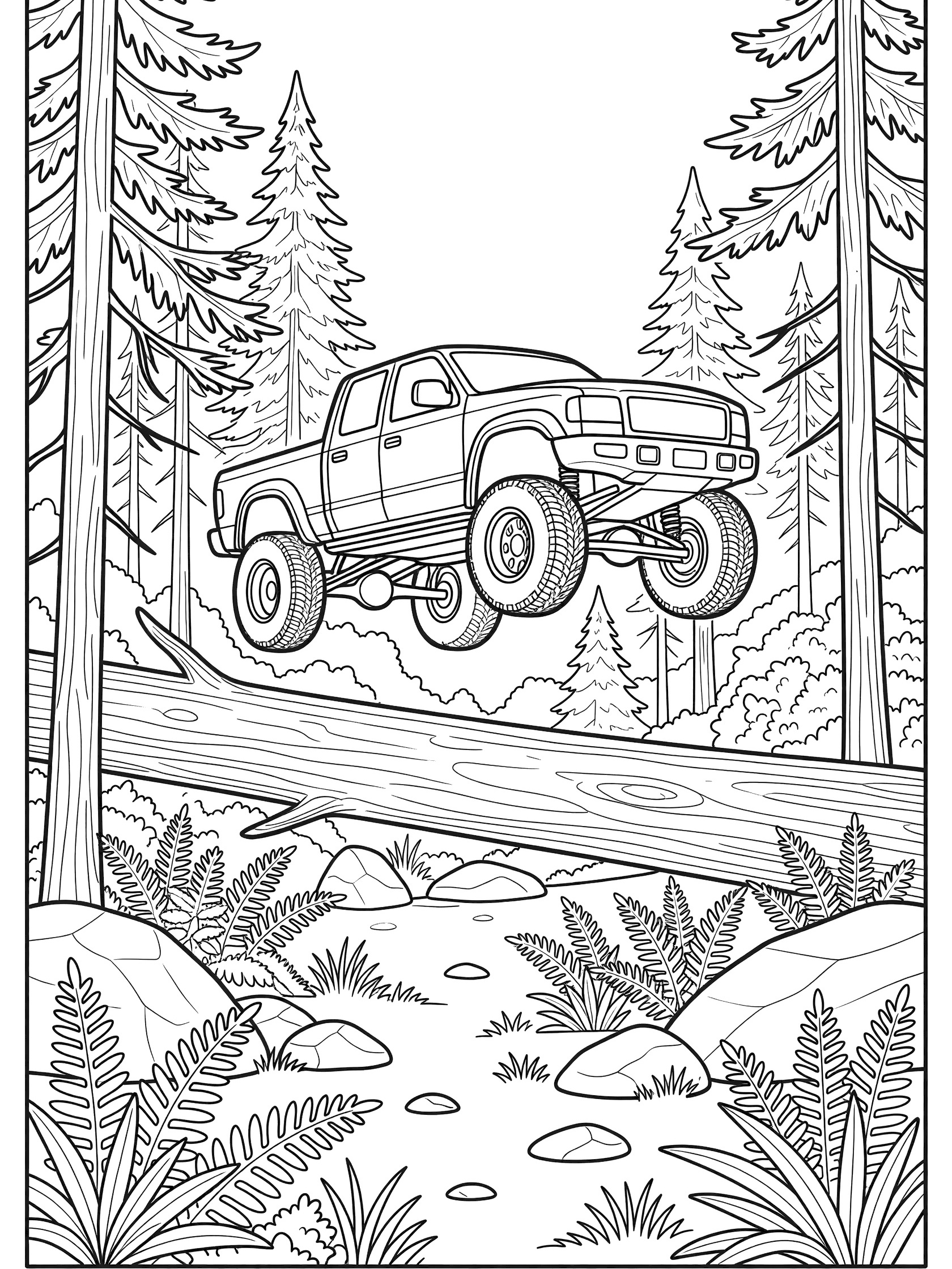 Line art coloring page showing a Ford Raptor pickup truck mid-air jumping a fallen log in a forest clearing with pine trees and ferns