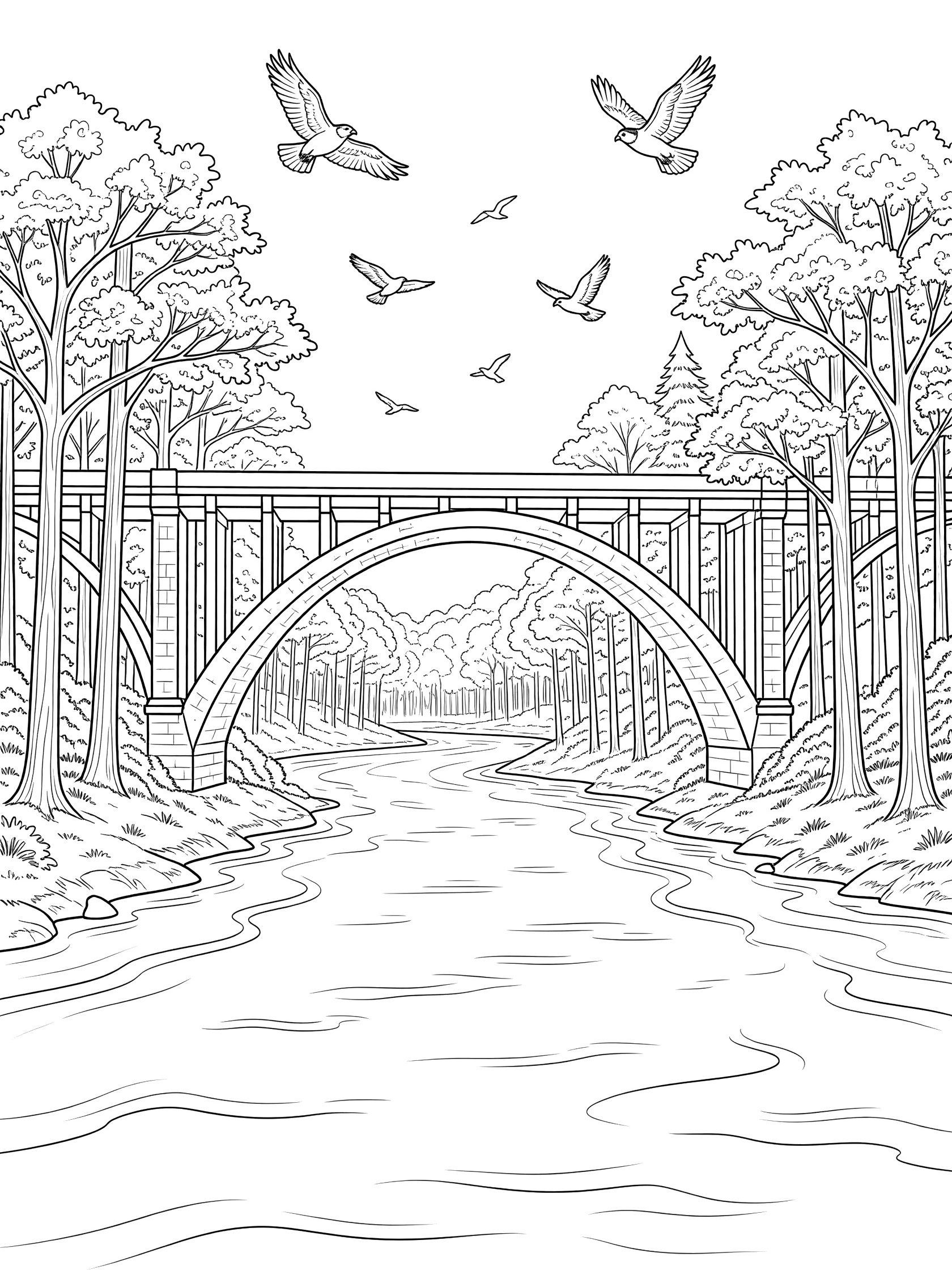 Black and white line art coloring page showing an arched bridge spanning a winding river between forested banks with flying birds above. Mississippi River themed black and white printable line art