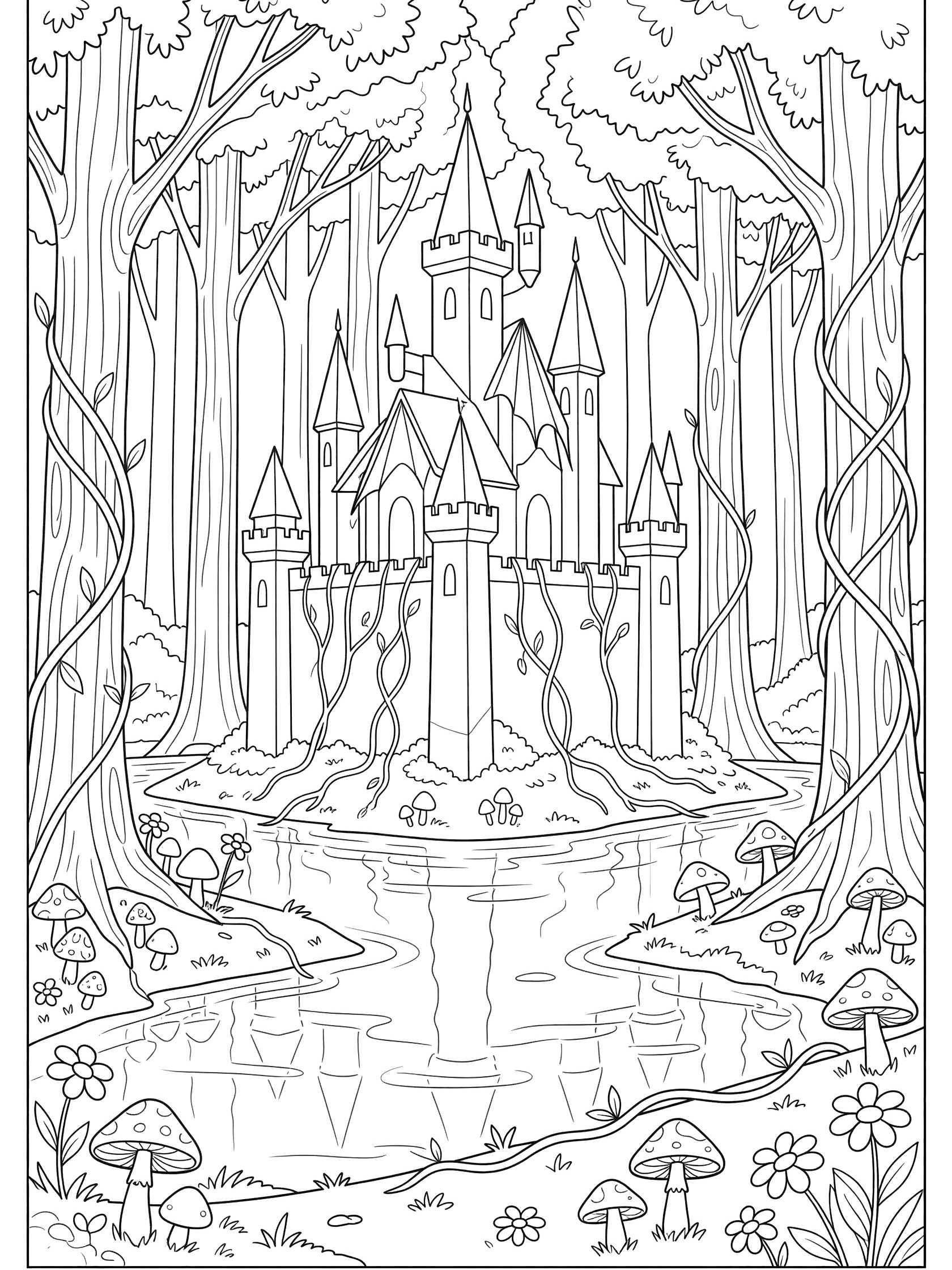 Black and white line art of a tall castle nestled in a dense forest with trees, twisting vines on towers, mushrooms, flowers, and a reflective moat. Dragon Castle themed black and white printable line art