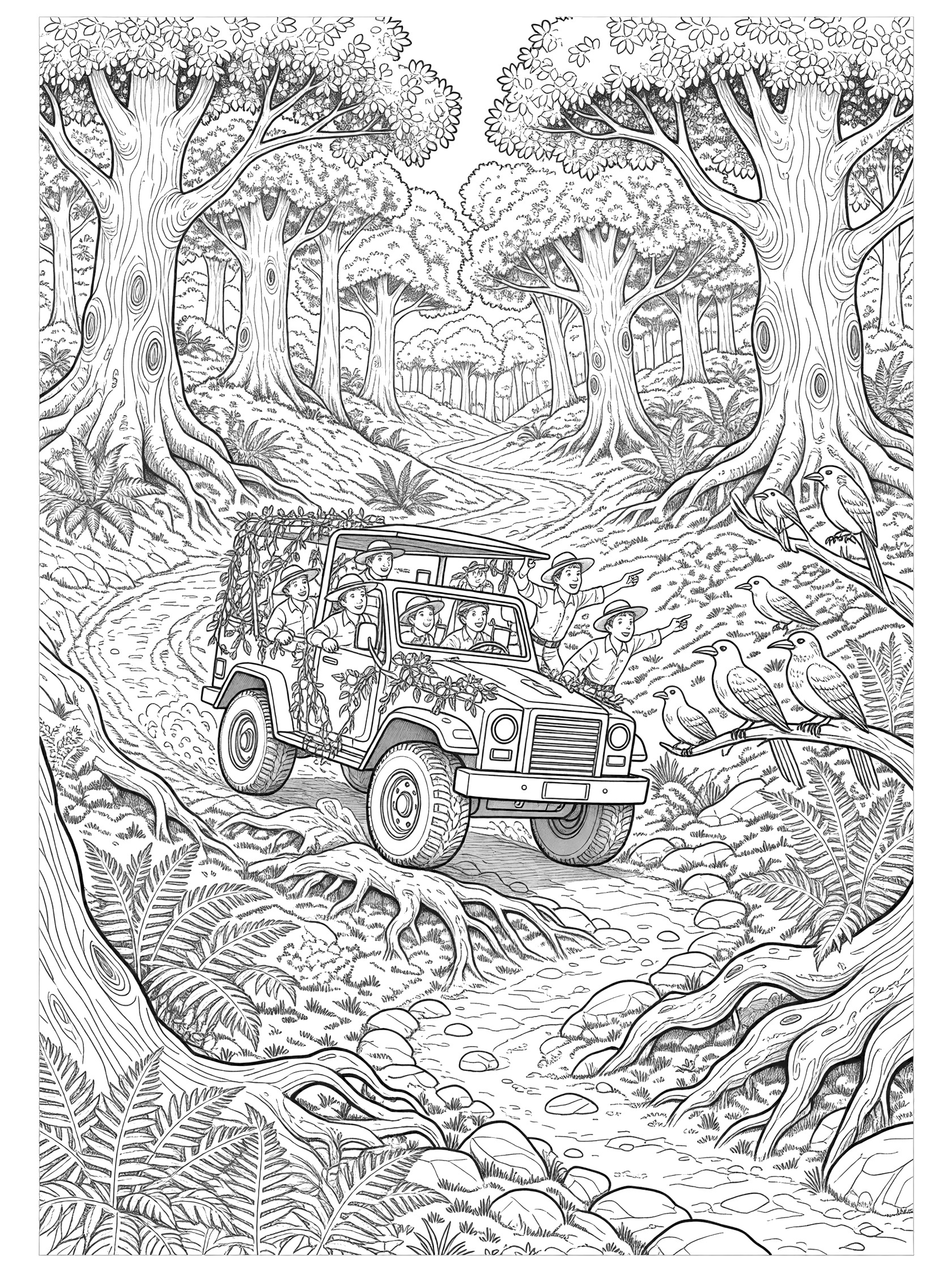 Black-and-white coloring page showing a personnel carrier with big tires on a forest trail, surrounded by tall trees, ferns, vines, rocks, and explorers leaning out.