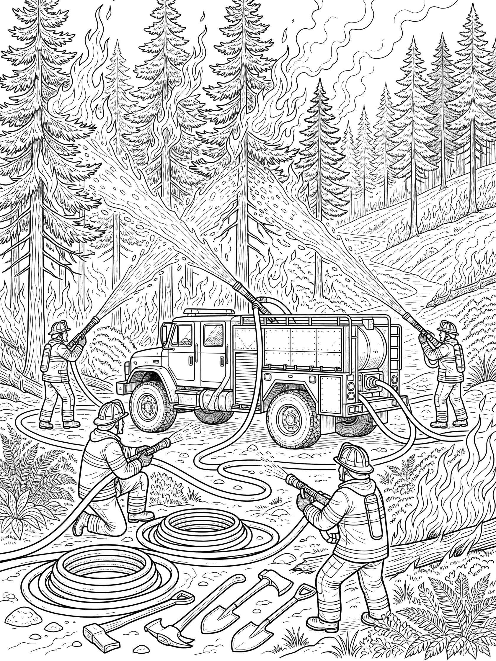 Detailed coloring page of a fire truck spraying water on burning pine trees in a forest, with firefighters holding hoses and tools like axes and shovels.
