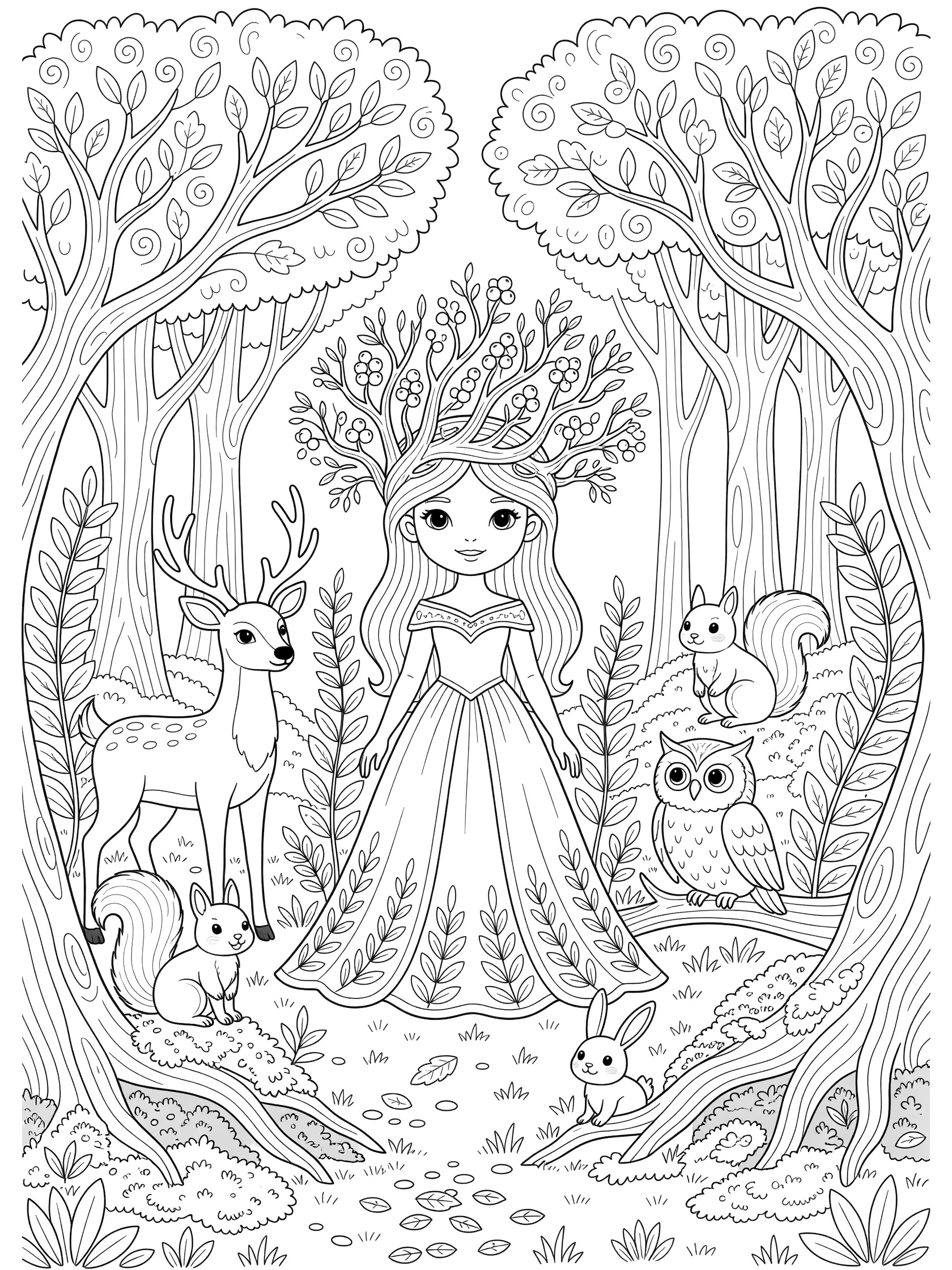 Black and white line art coloring page showing a girl in a long dress and leaf crown standing in the forest with two deer, squirrels, owl, and bunny around her, trees and leaves in background.