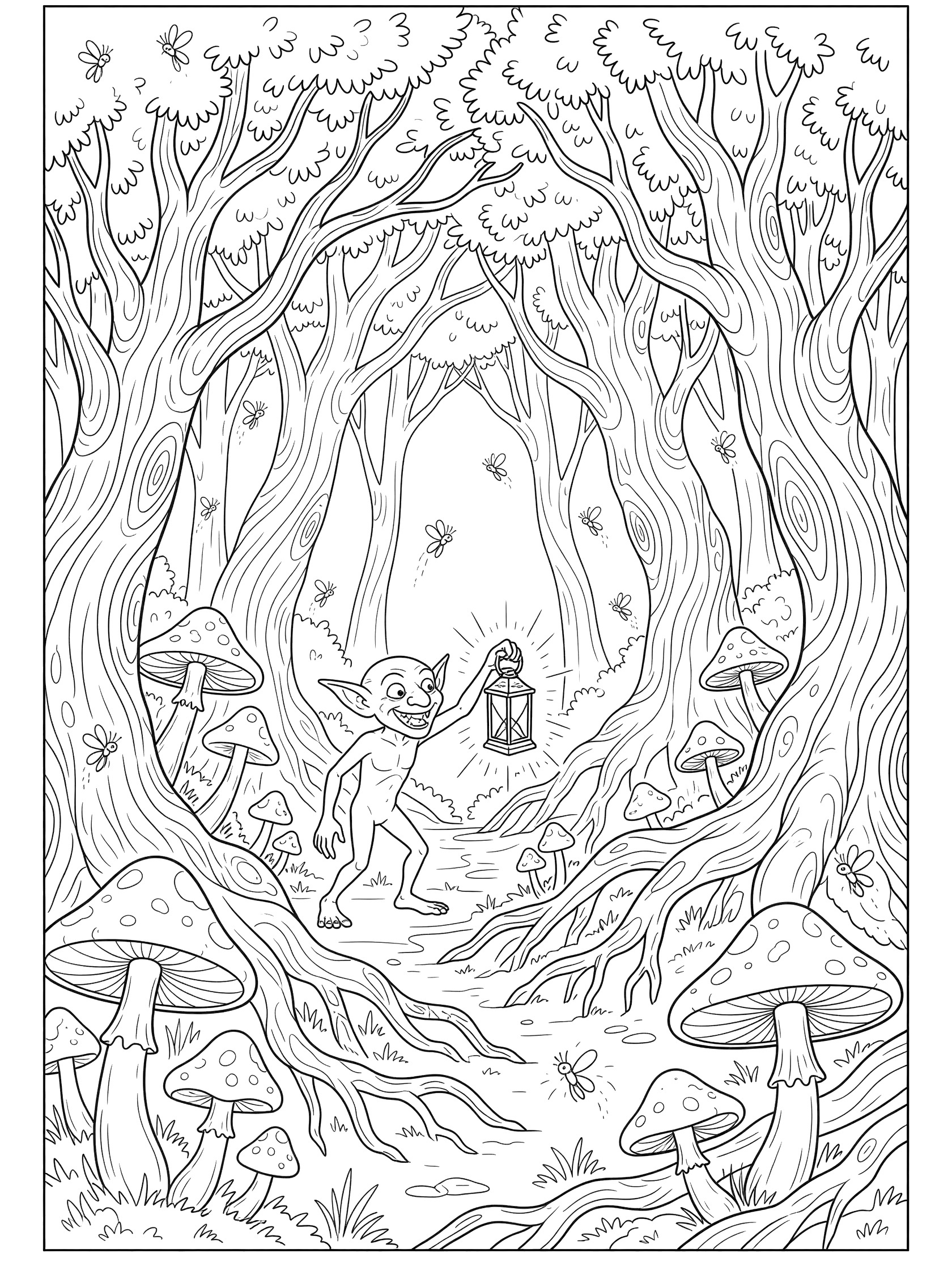 Black and white line art of a gnome with lantern walking through forest with mushrooms, trees, and glowing fireflies, coloring book style. Goblin themed black and white printable line art