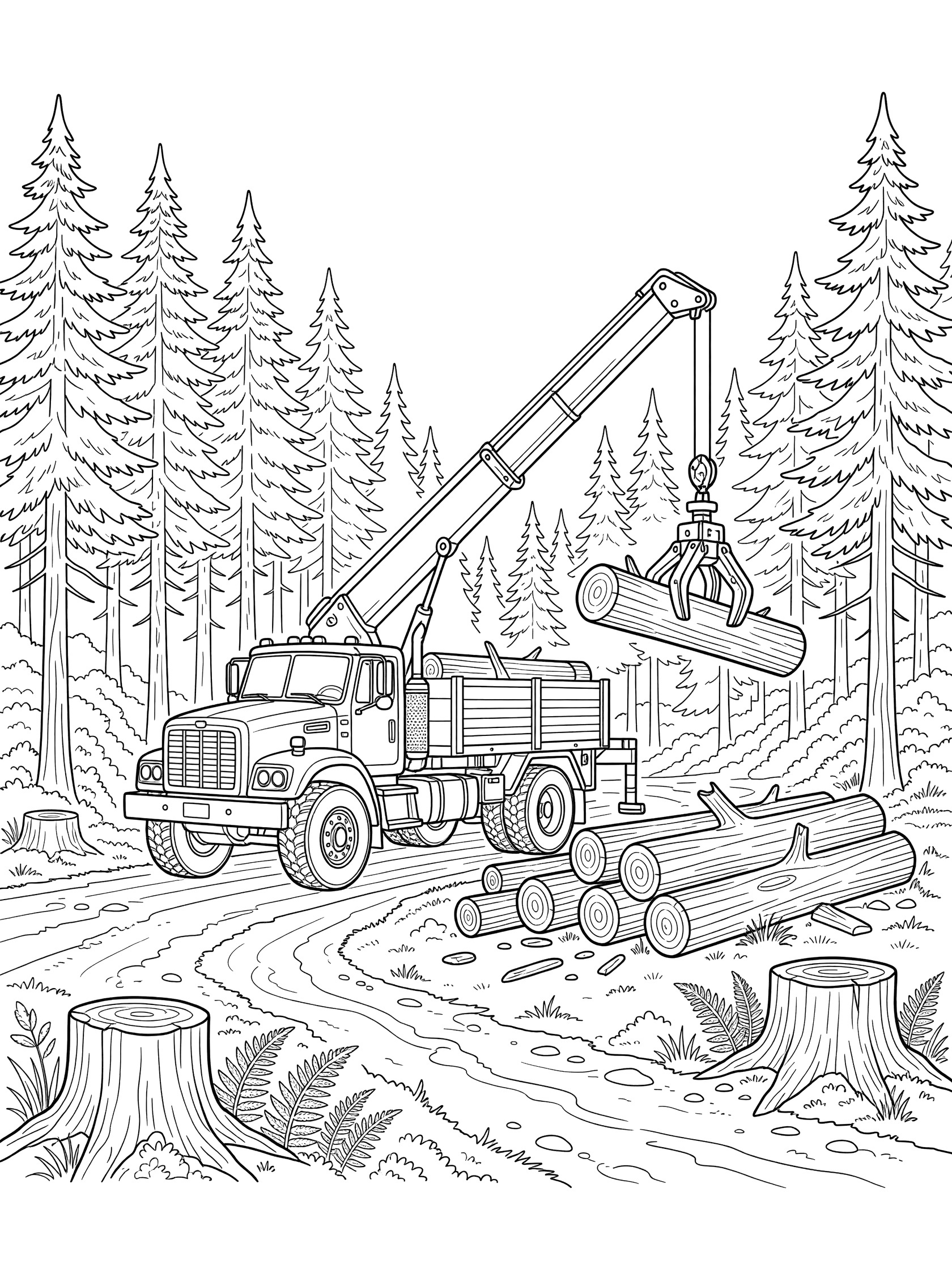 Black and white line art of a crane truck lifting a log in a forest, with cab details, oversized tires, stacked logs on flatbed, pine trees, ferns, and tree stumps.