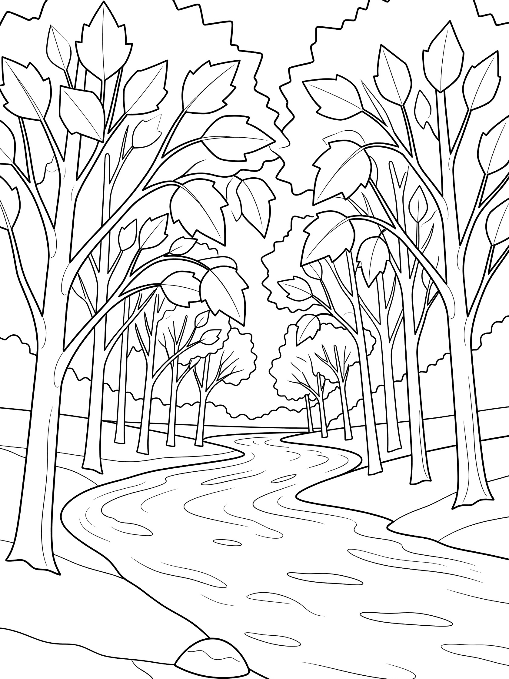 Black and white coloring page showing a path through tall trees along a curving river with rocks. Rio Grande themed black and white printable line art