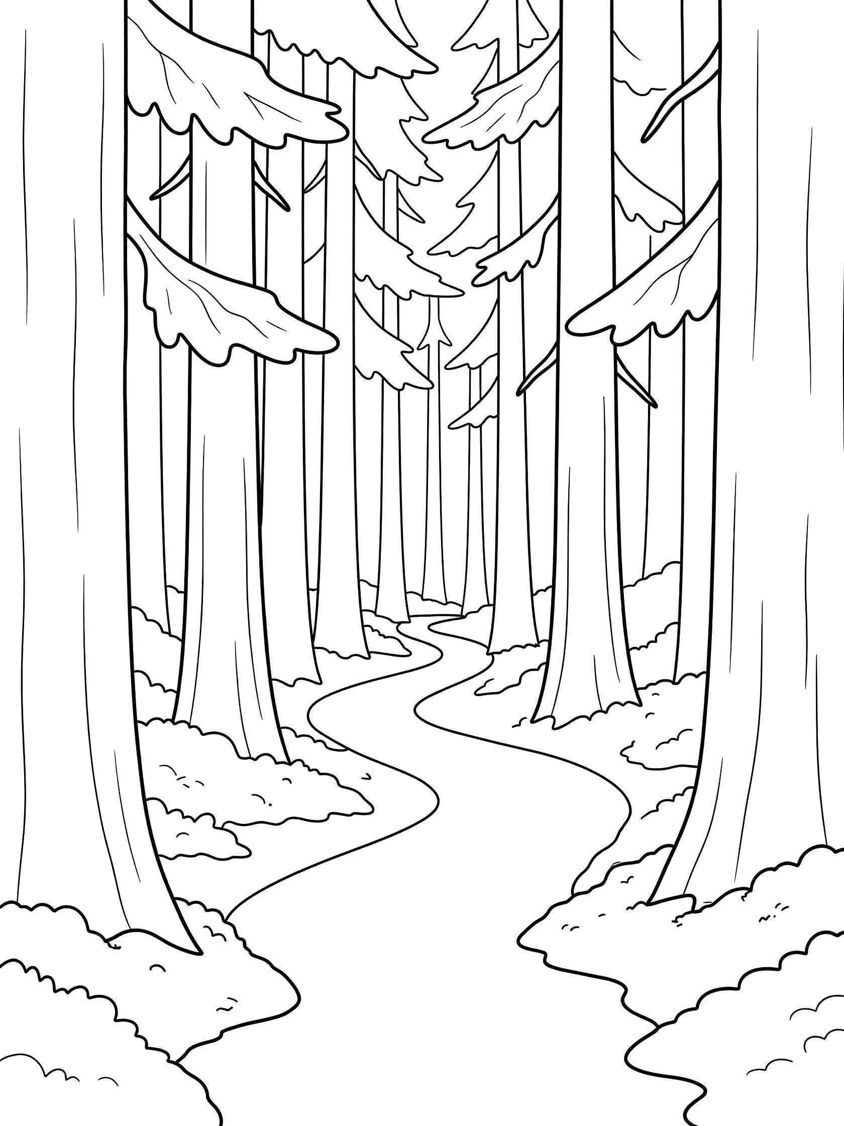 Black and white coloring page of a winding path leading through tall trees with thick trunks lining both sides, ground cover, and trees fading into the background. Redwood Tree themed black and white printable line art