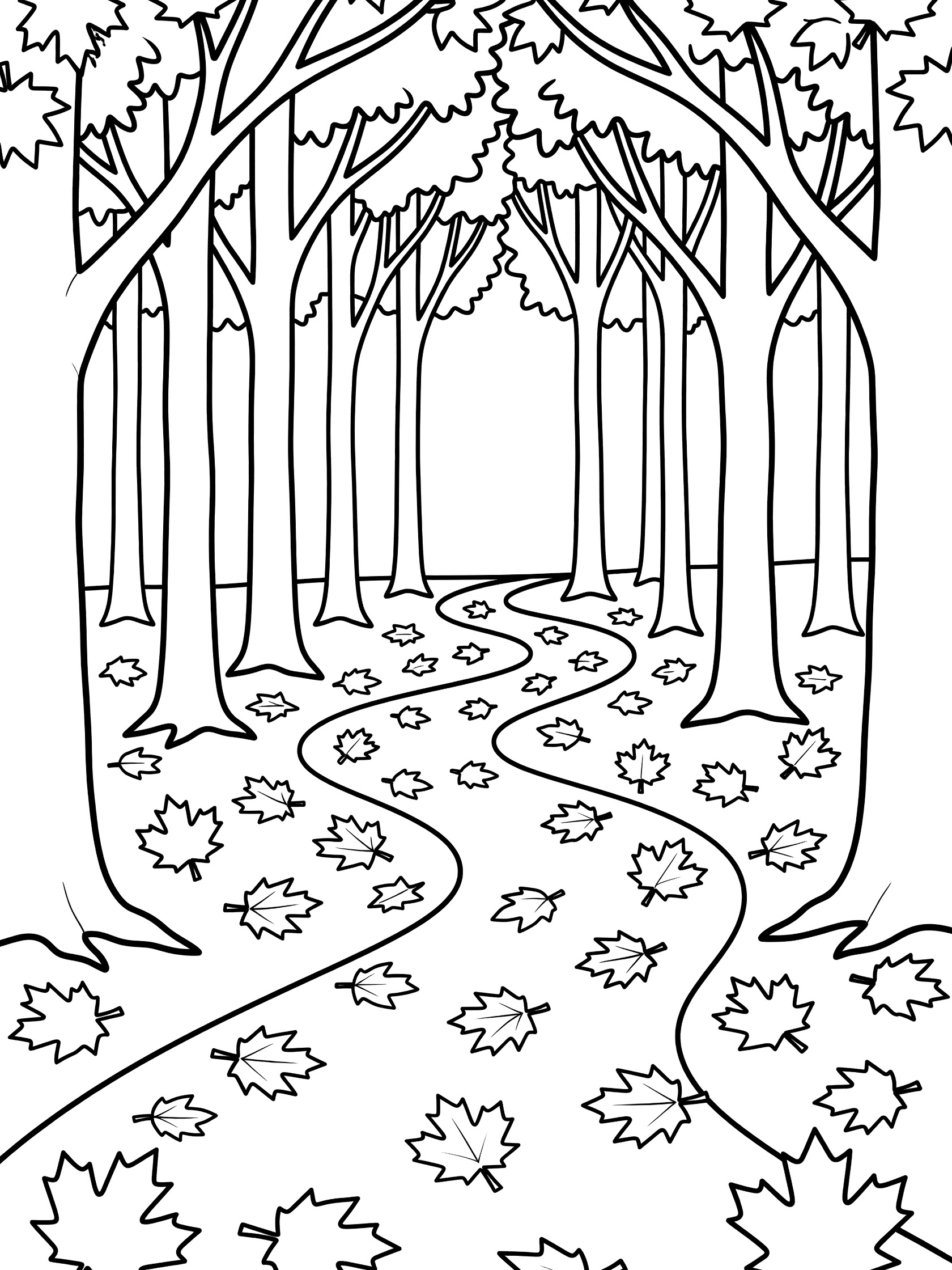Black and white coloring page of a curvy path lined with fallen leaves winding between tall trees in a forest. Maple Tree themed black and white printable line art