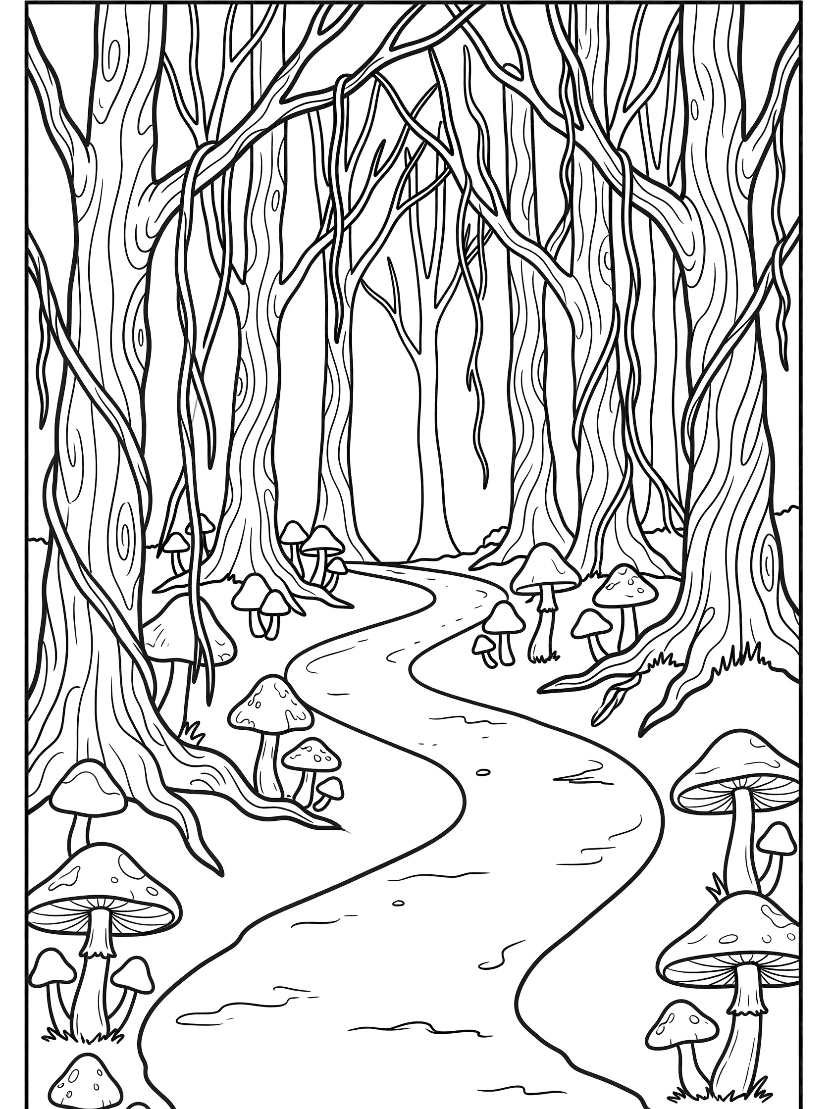 Black and white coloring page of a curvy dirt path winding through tall twisted trees in a forest with large mushrooms growing along the path and vines hanging from branches