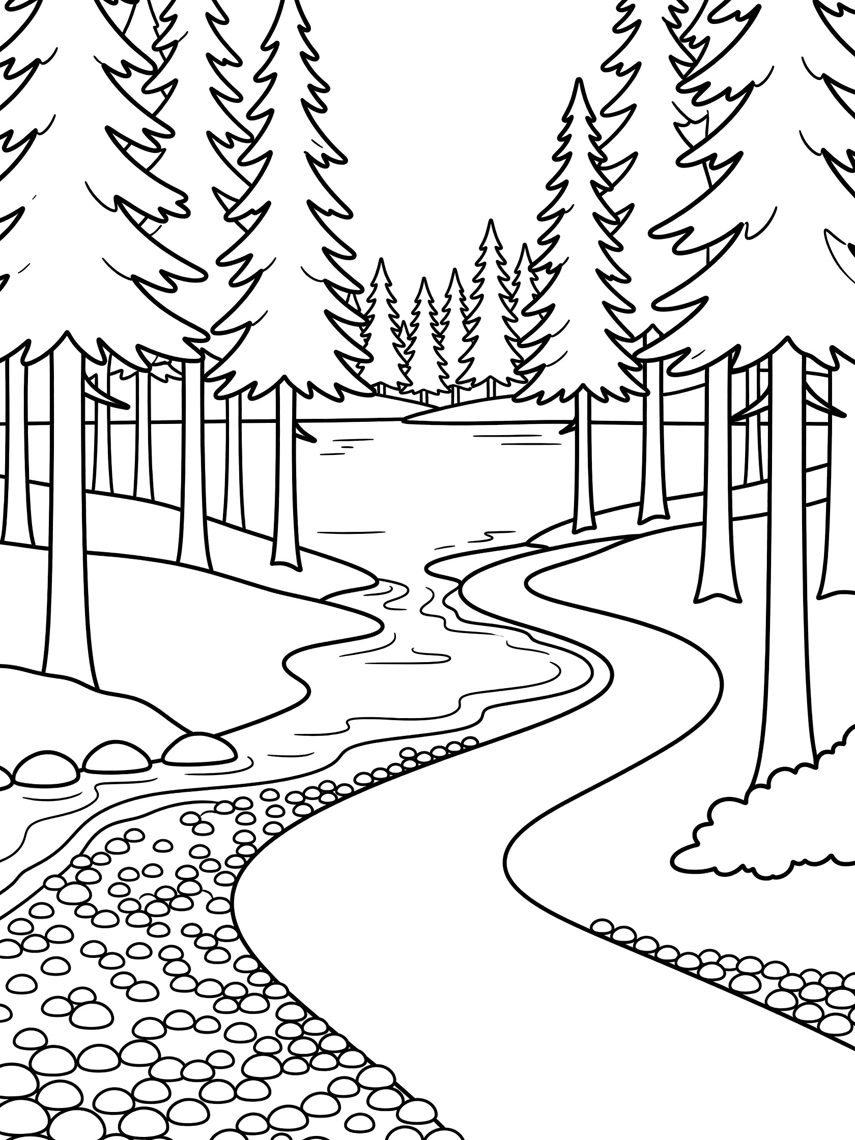 Black and white line art coloring page showing tall pine trees on both sides of a winding dirt path next to a curvy stream with pebbles. Lake Tahoe themed black and white printable line art