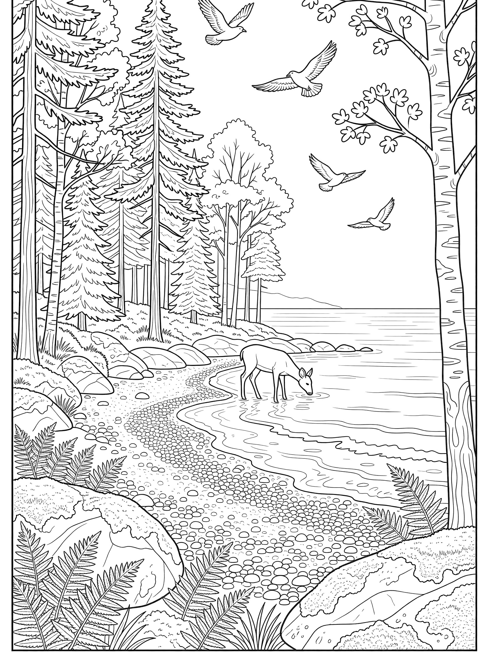 Line art coloring page of forest shore along The Great Lakes with deer at water's edge, pine and birch trees, pebbly beach, rocks, ferns, gentle waves, and flying birds.