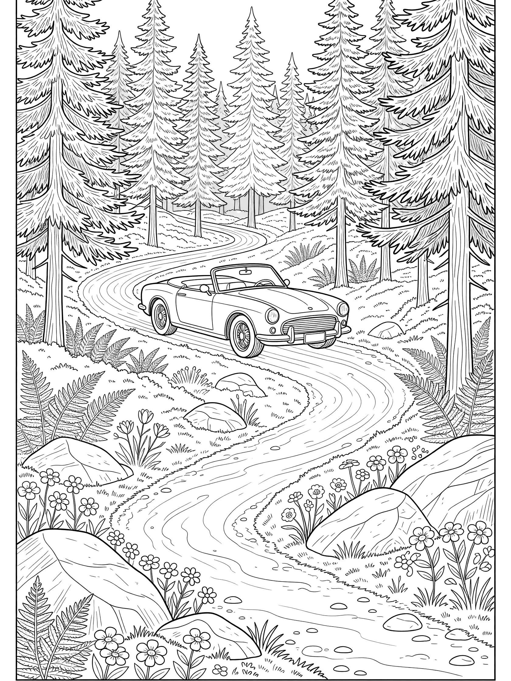 Line art coloring page showing a sleek convertible with top down on a curvy forest trail, surrounded by pine trees, ferns, rocks, and flowers