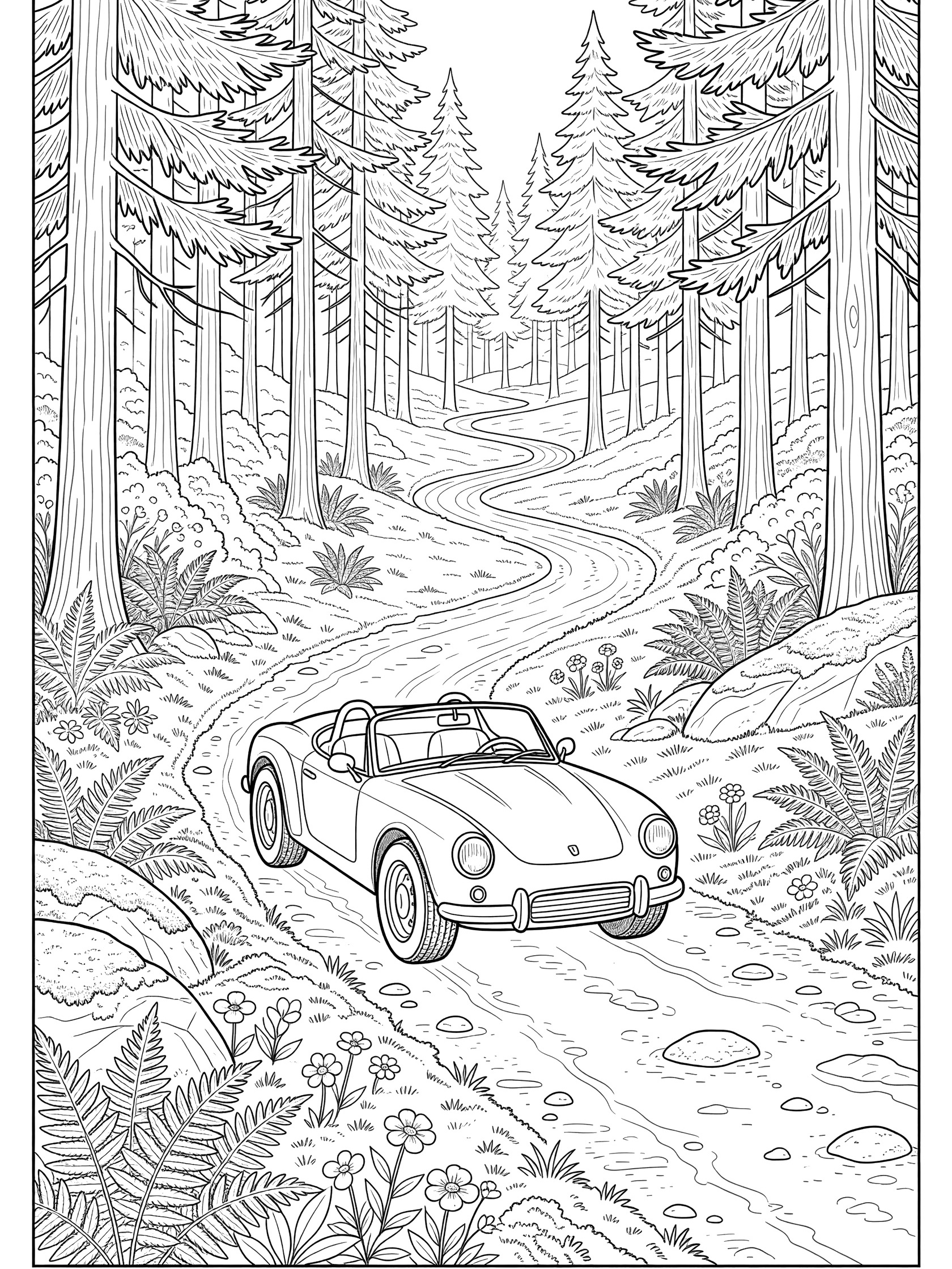 Black and white line art of a sleek open-top roadster car on a winding dirt forest trail with pine trees, ferns, mossy rocks, and wildflowers.