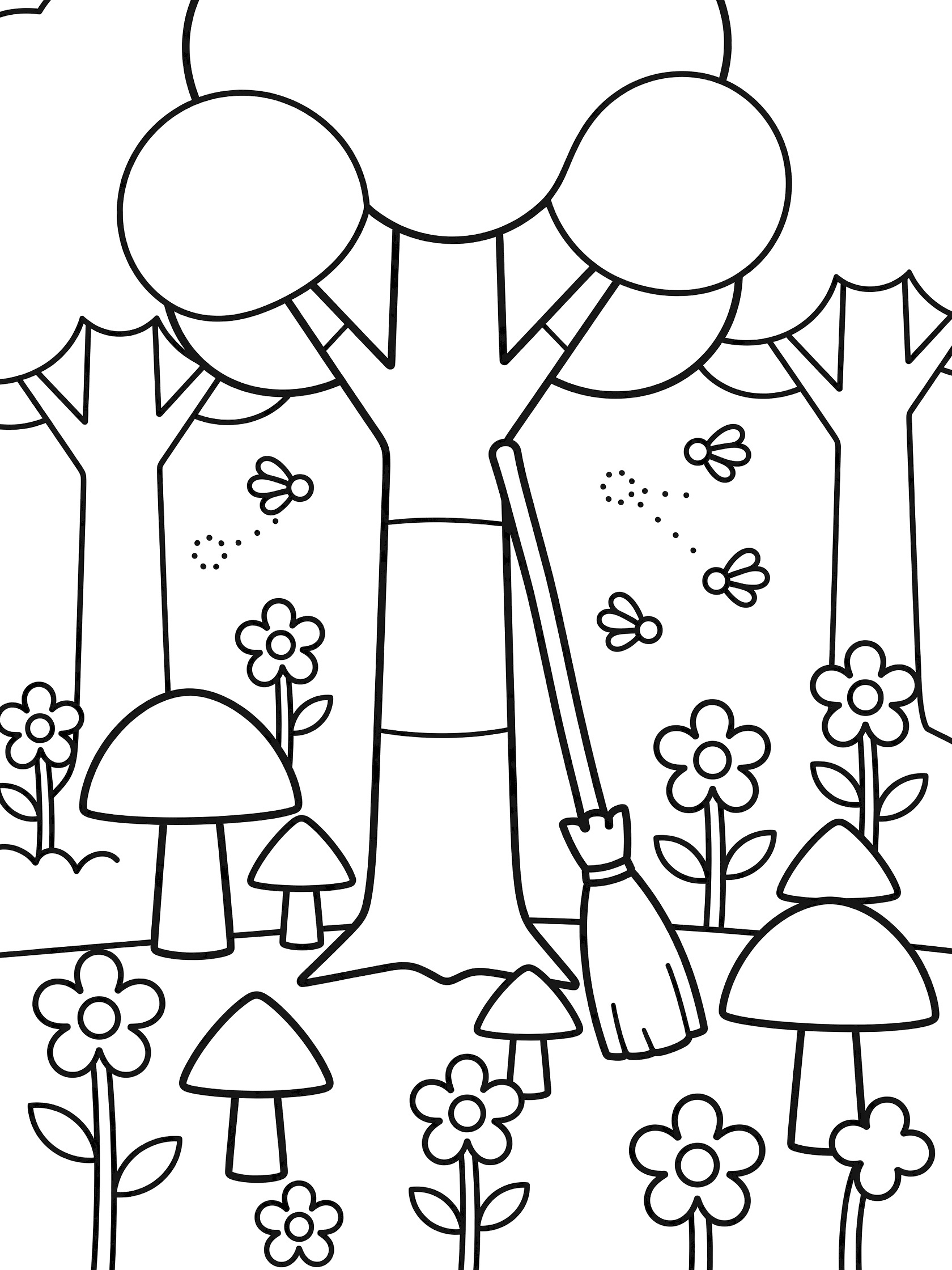 Printable coloring page showing a big tree leaning against a broom in a forest with bees flying around flowers and mushrooms on the ground. Broomstick themed black and white printable line art