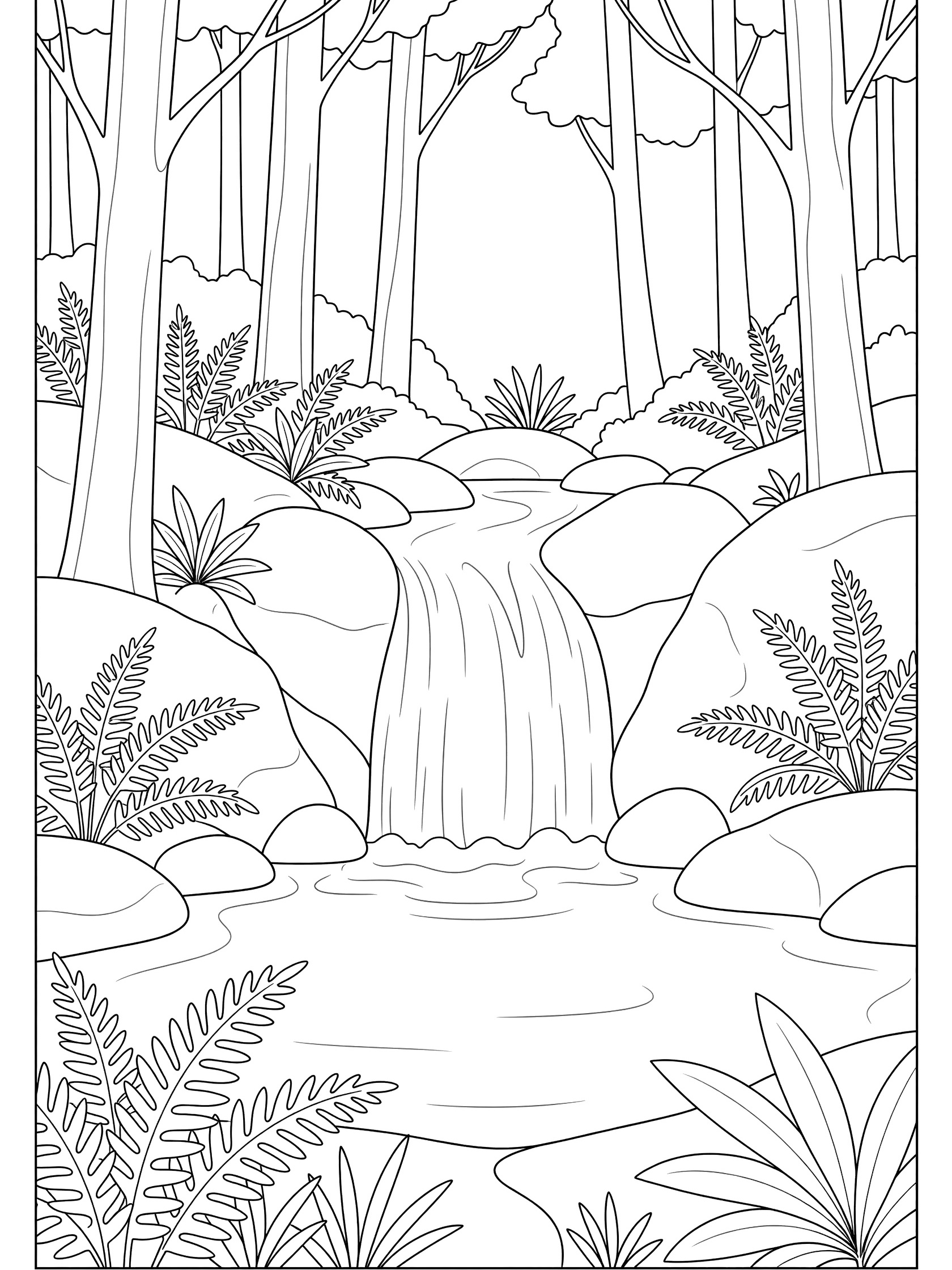 Black and white line art coloring page showing a waterfall cascading over smooth rocks into a calm pool with trees and ferns in a forest.