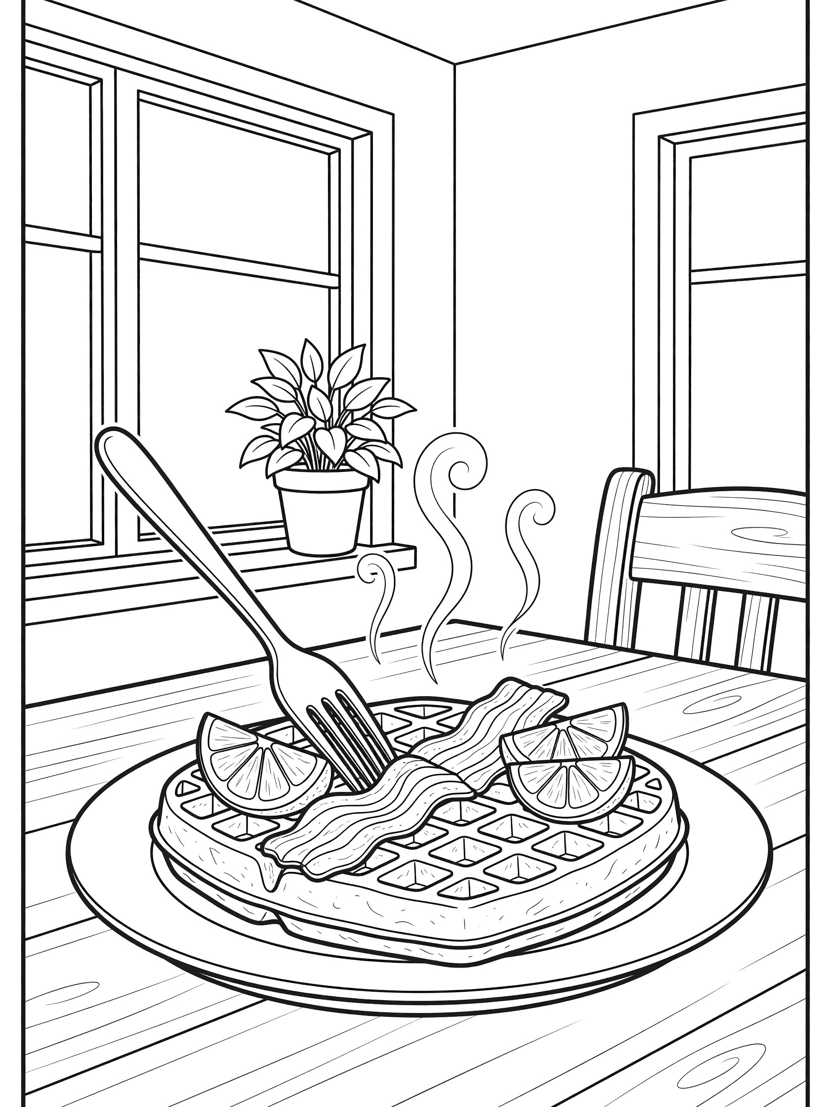 Line art coloring page showing a fork cutting into a waffle topped with bacon and orange slices on a plate, steam curls up, in a cozy breakfast nook with plant and chair.