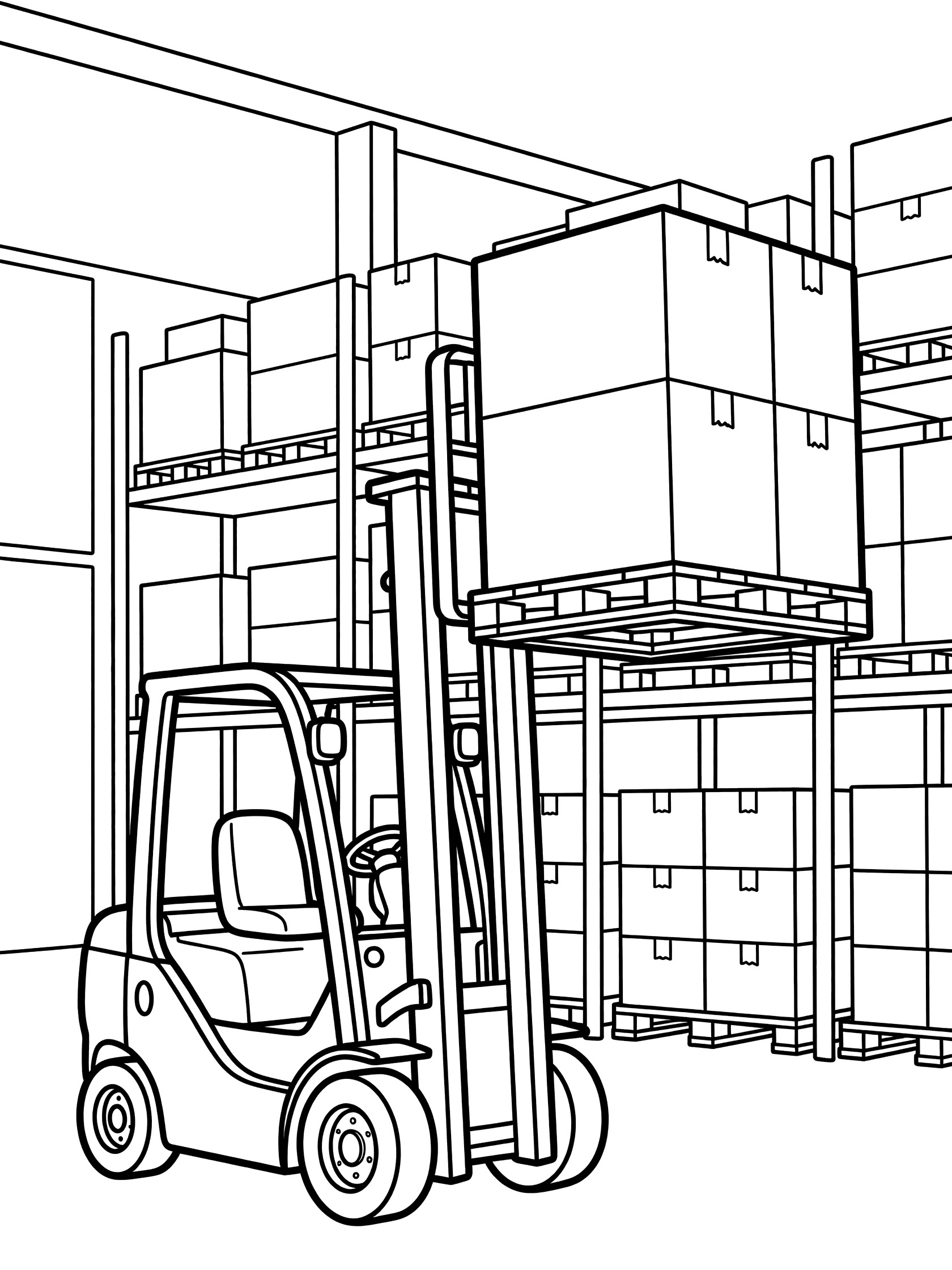 Black and white line art coloring page showing a forklift with extended forks lifting a wooden pallet stacked with boxes inside a warehouse with tall shelves holding more pallets.
