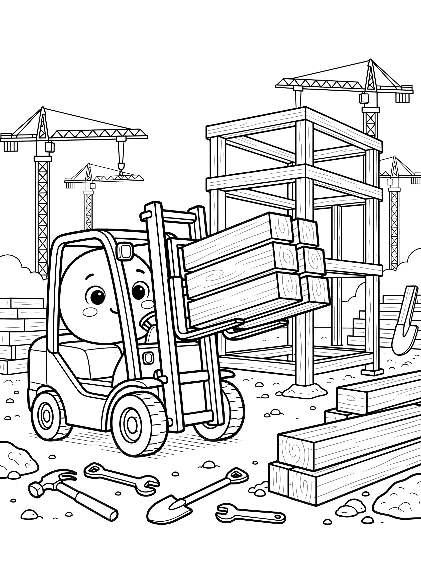 Cute smiling forklift raising stacks of wooden beams toward a half-built tower on a construction site coloring page