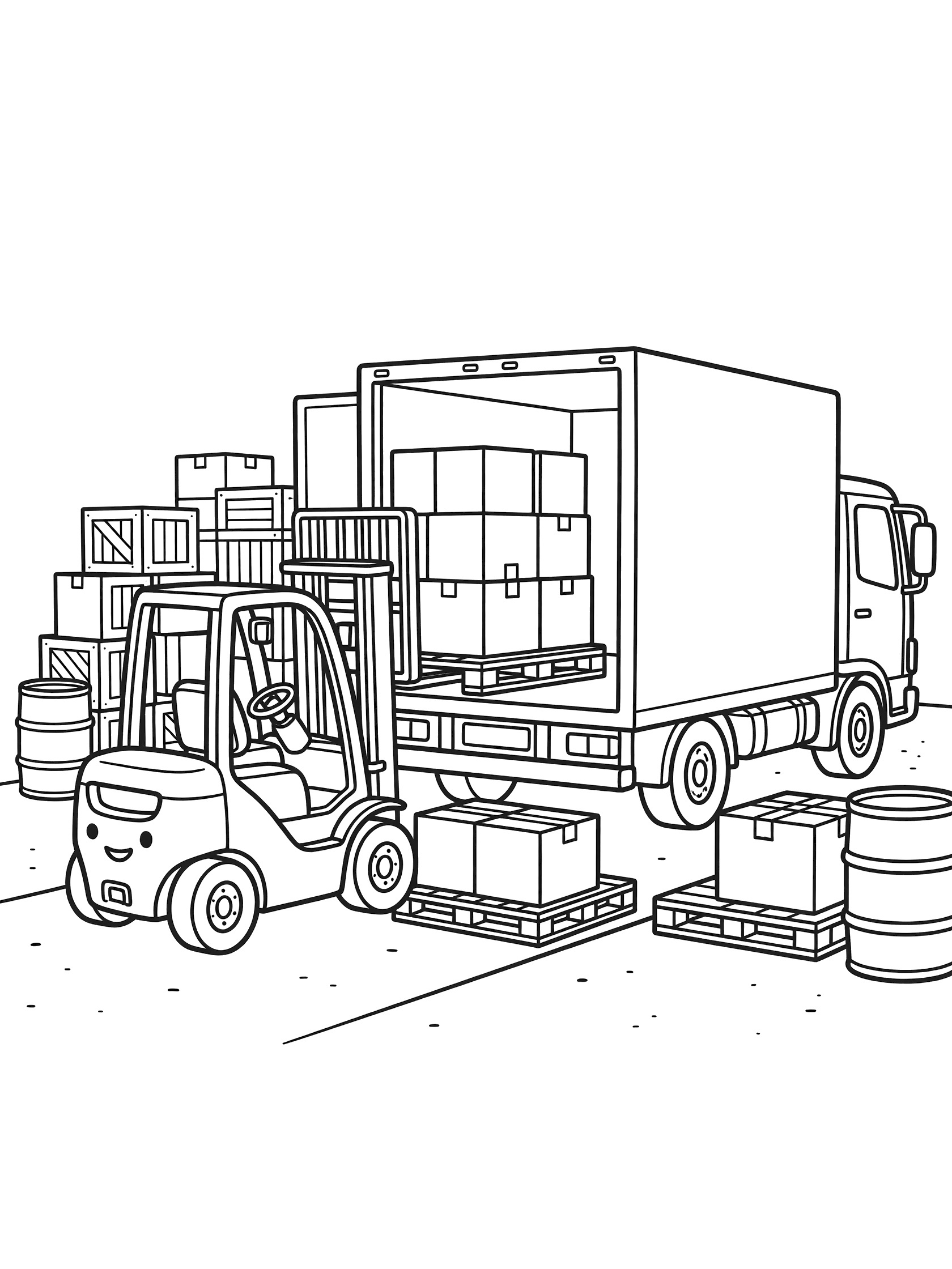 Line art coloring page showing a cheerful forklift with raised forks lifting a pallet of boxes into the open back of a big delivery truck, with crates and barrels in the background.