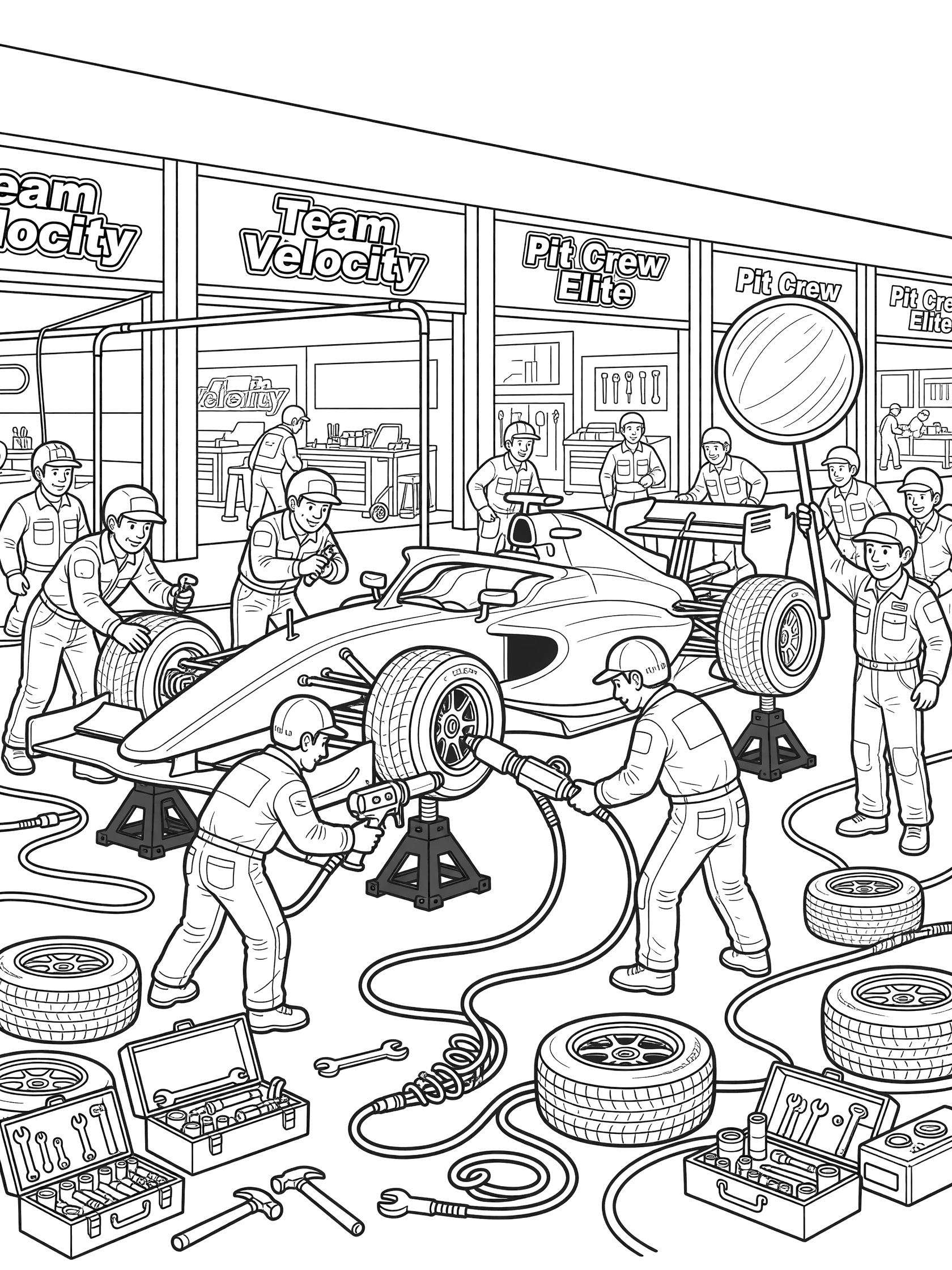 Black-and-white coloring page of a Formula car on jacks during a pit stop, with mechanics using tire guns, fuel hoses, and lollipop signs amid tires and tools.